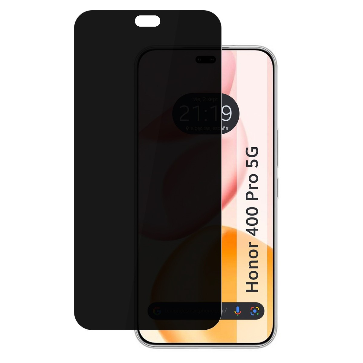 Proteggi schermo per smartphone accanto a un telefono che mostra ora e data. Il telefono ha il marchio Honor 400 Pro 5G.