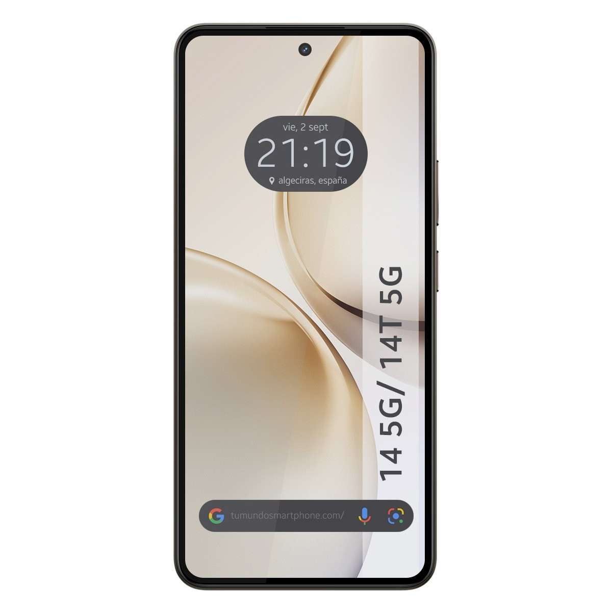 Schermo smartphone con ora e data, sfondo chiaro. Il telefono è nero e ha il marchio 14 5G/14T 5G.
