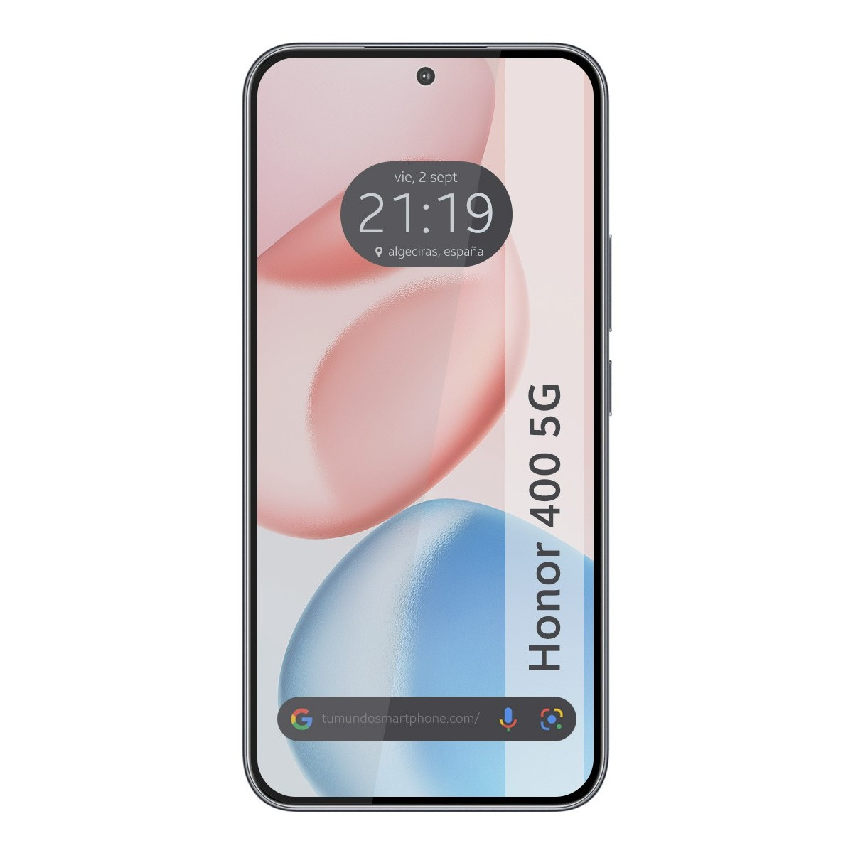 Smartphone con l'ora visualizzata. Lo schermo mostra un design rosa e blu.