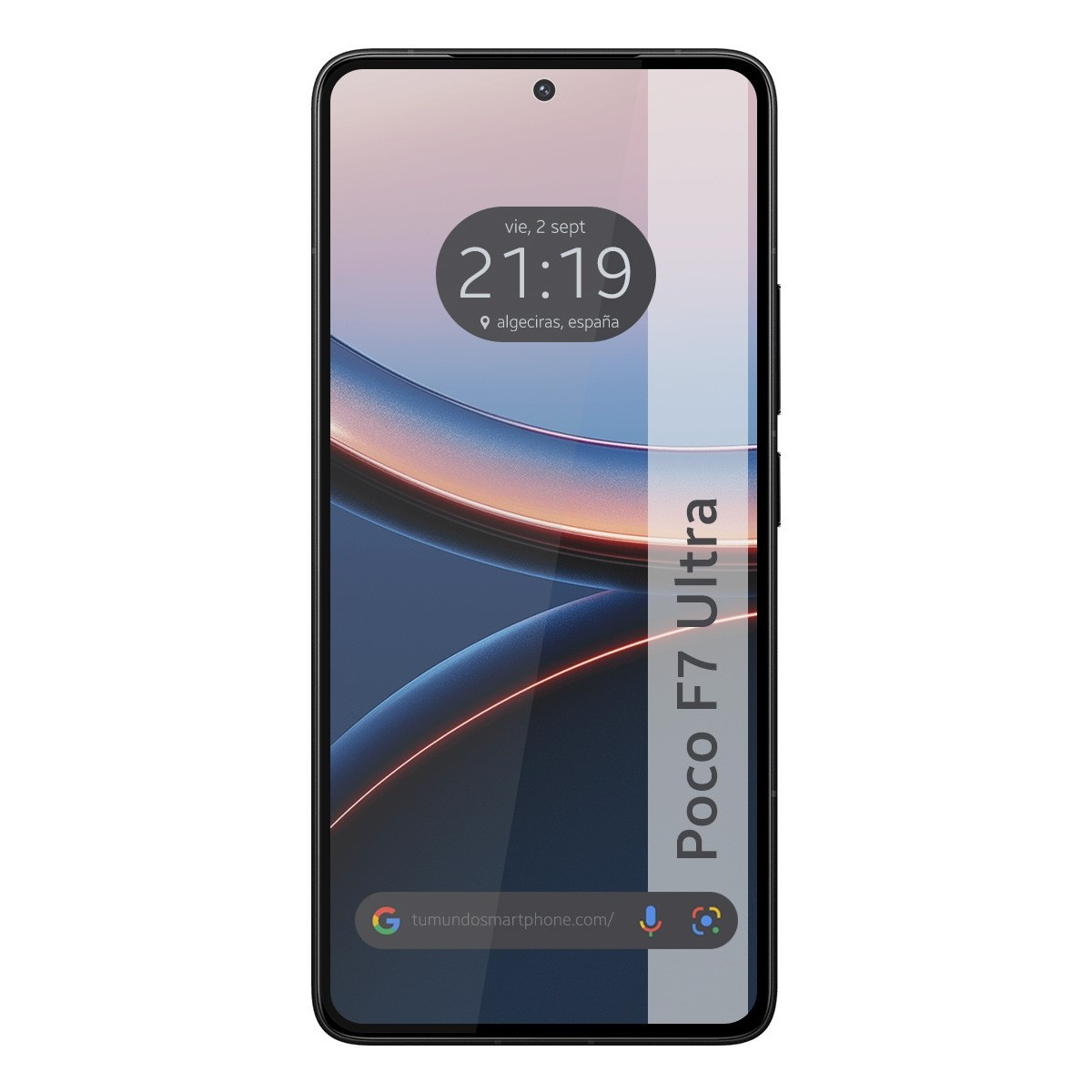 Smartphone con l'ora visualizzata. Lo schermo mostra un design blu e arancione.