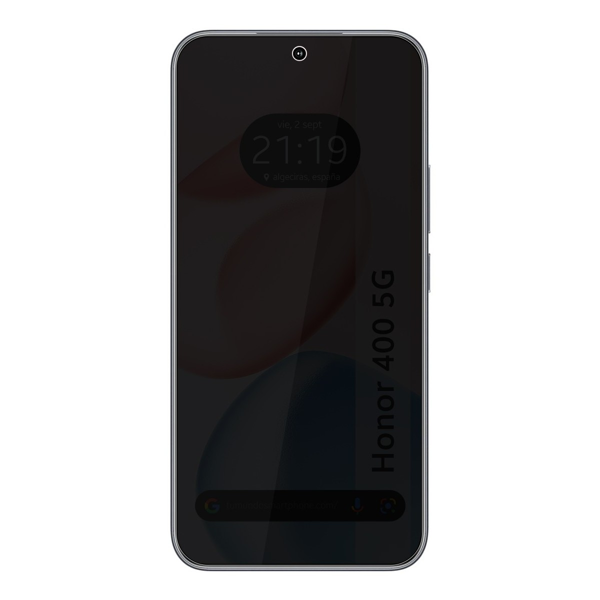 Schermo dello smartphone nero. Ora e posizione visibili. Testo Honor 400 5G.