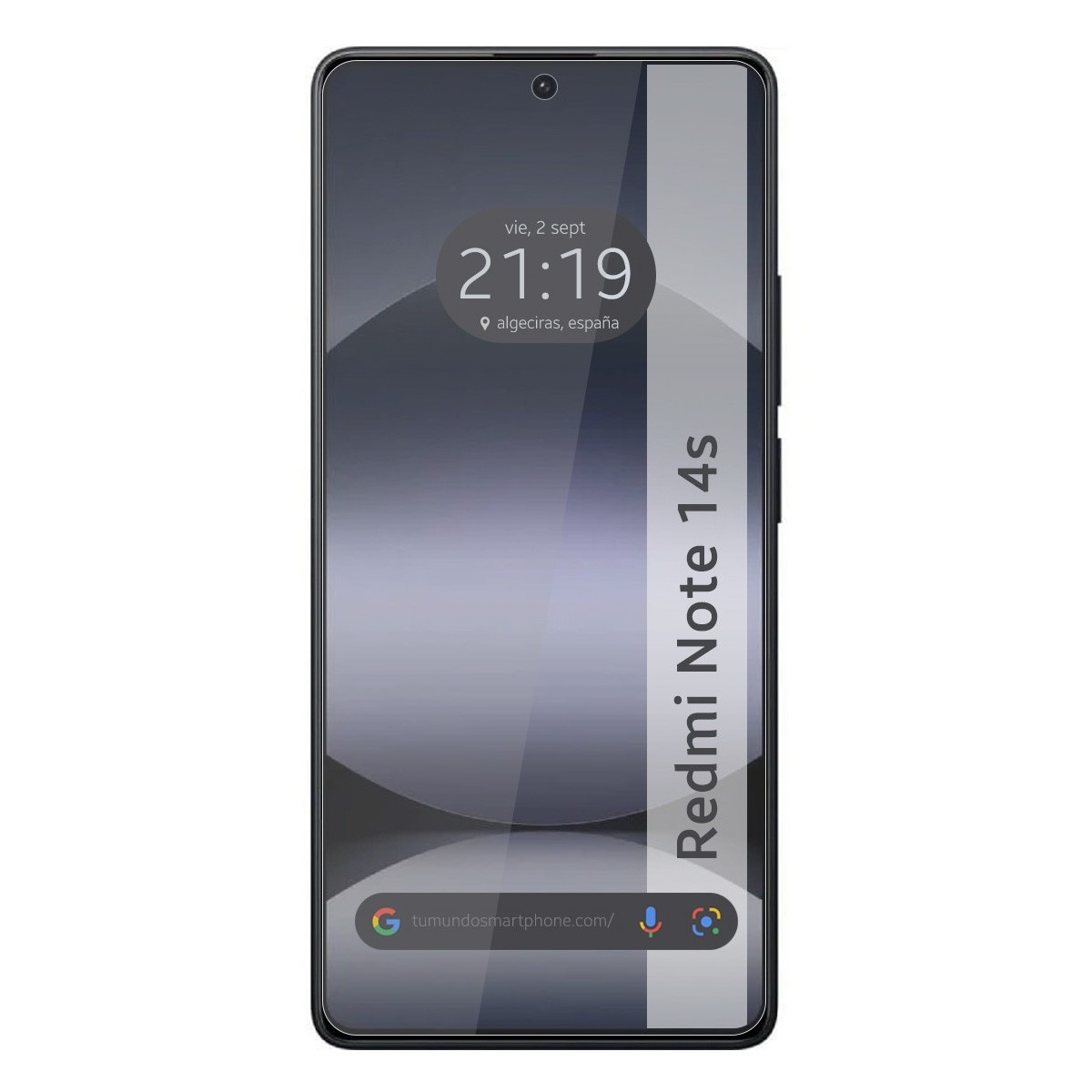 Smartphone con schermo grigio. L'ora e la posizione sono visibili. Testo Redmi Note 14s.
