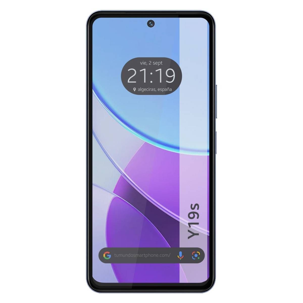 Schermo smartphone con ora e data, con marchio Y19s sul lato. Lo sfondo è un design viola ondulato.