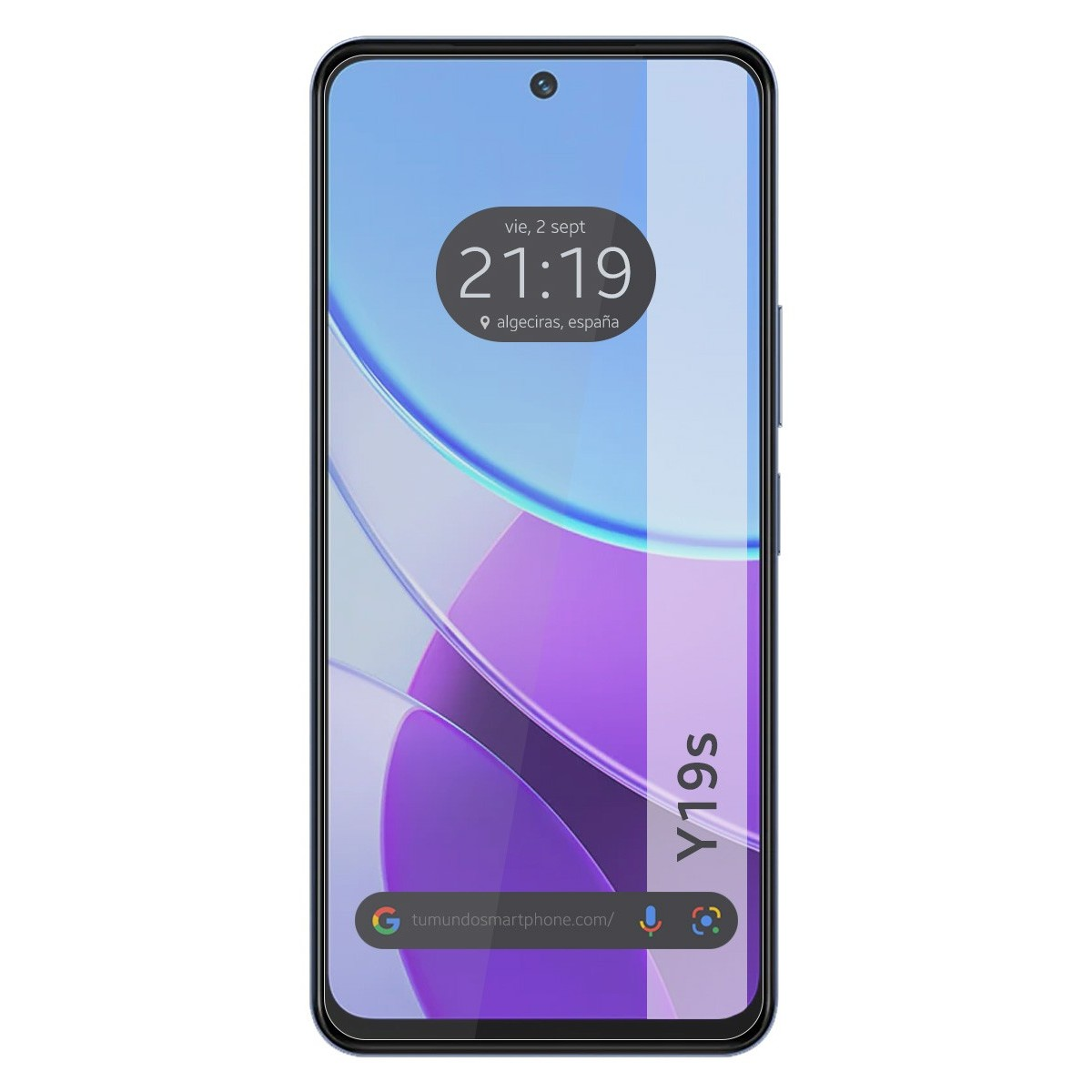 Schermo smartphone con ora e data, con marchio Y19s sul lato. Lo sfondo è un'onda viola e blu.