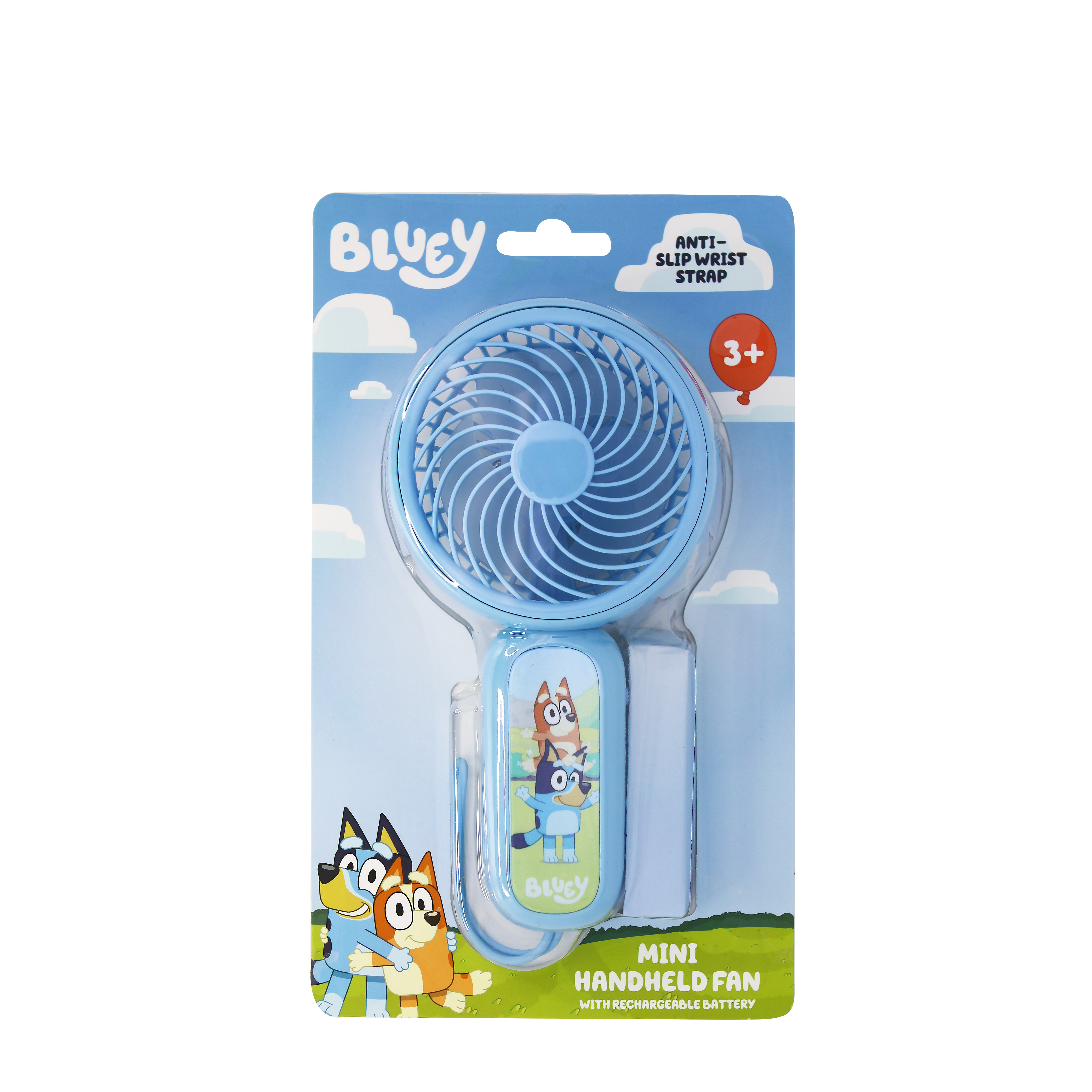 Blue Bluey handheld fan in packaging. Bluey characters on the handle and on the packaging. White background.