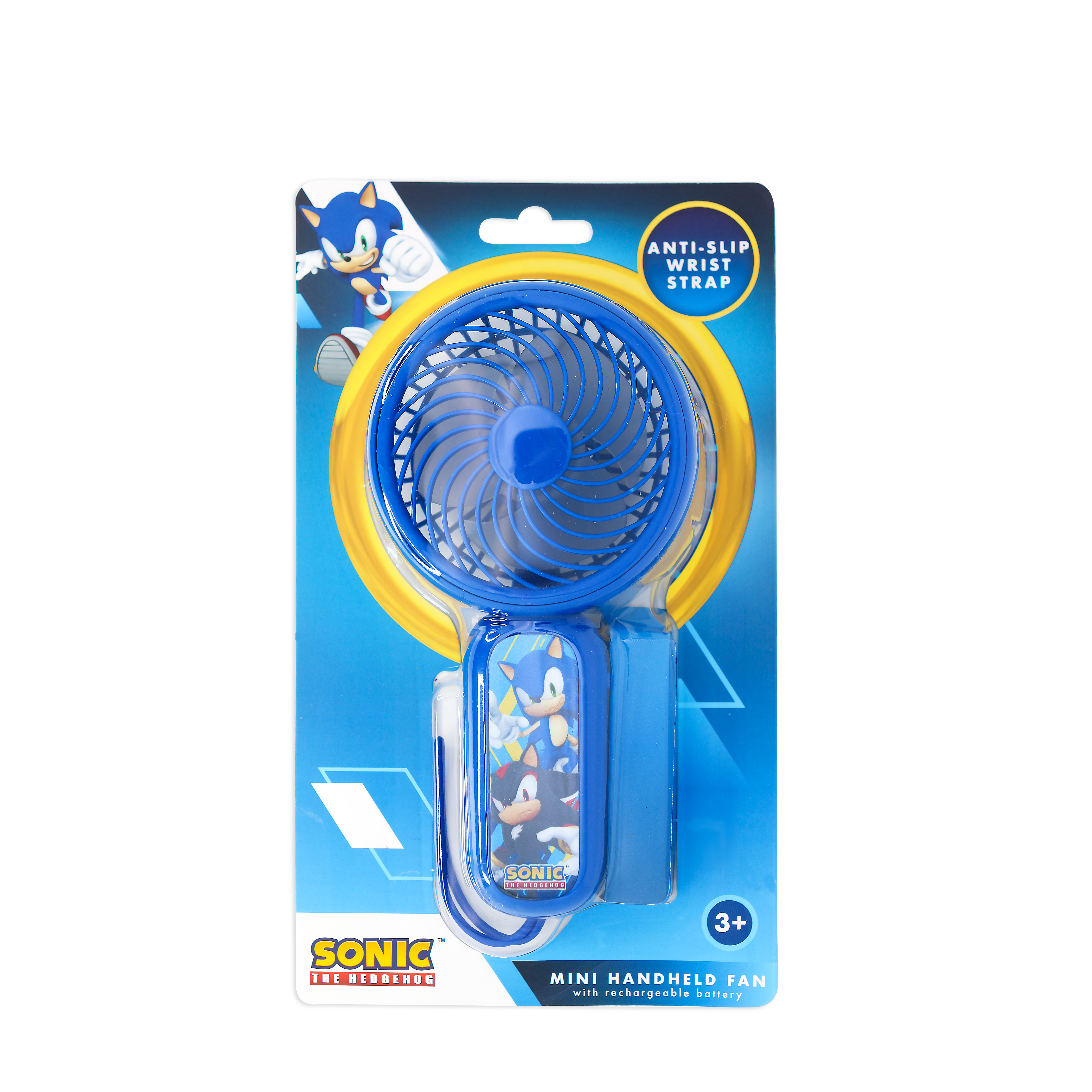 A blue Sonic handheld fan in packaging, with a blue fan and a blue handle, plus a wrist strap.
