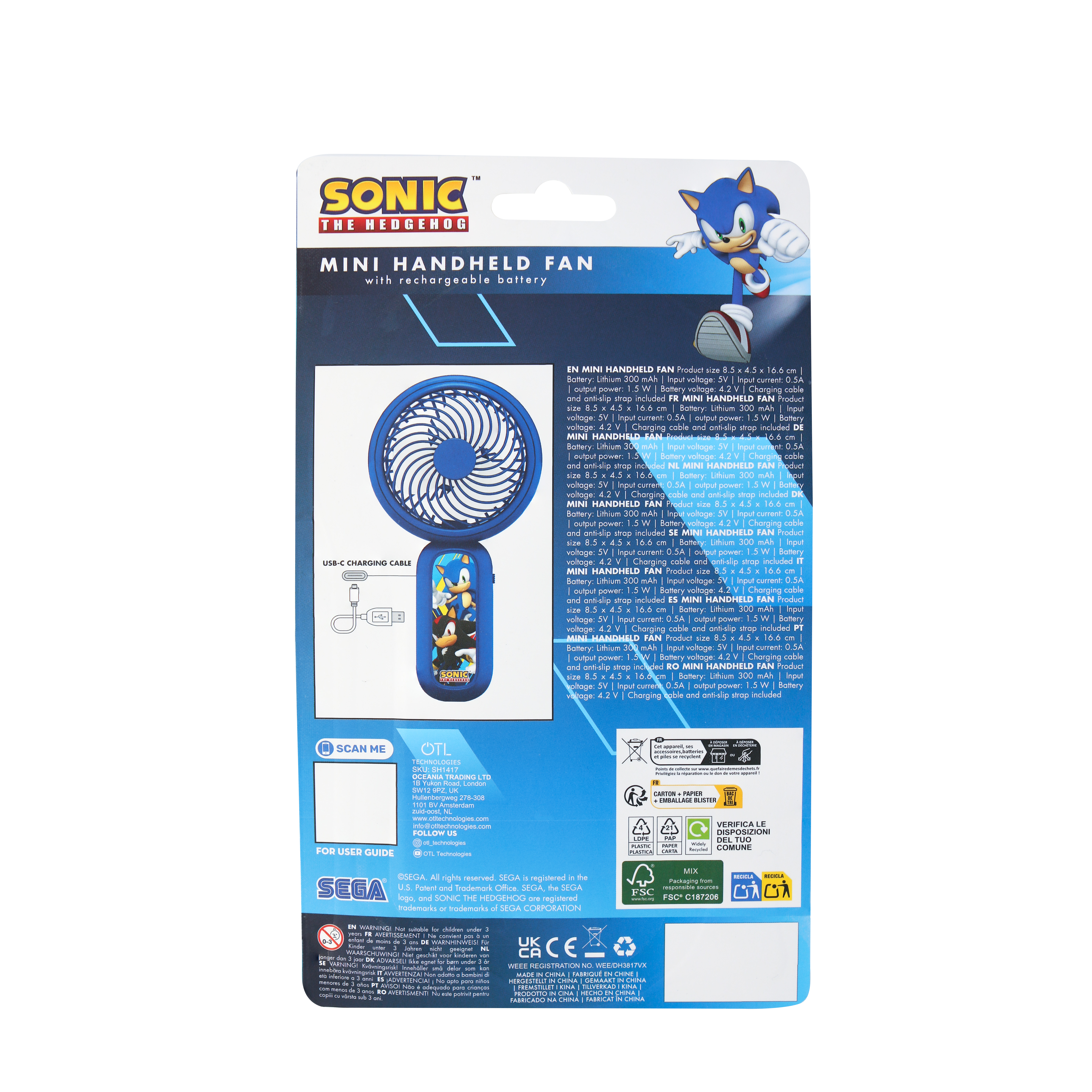 The back of a Sonic mini handheld fan package, with text and an image of Sonic.