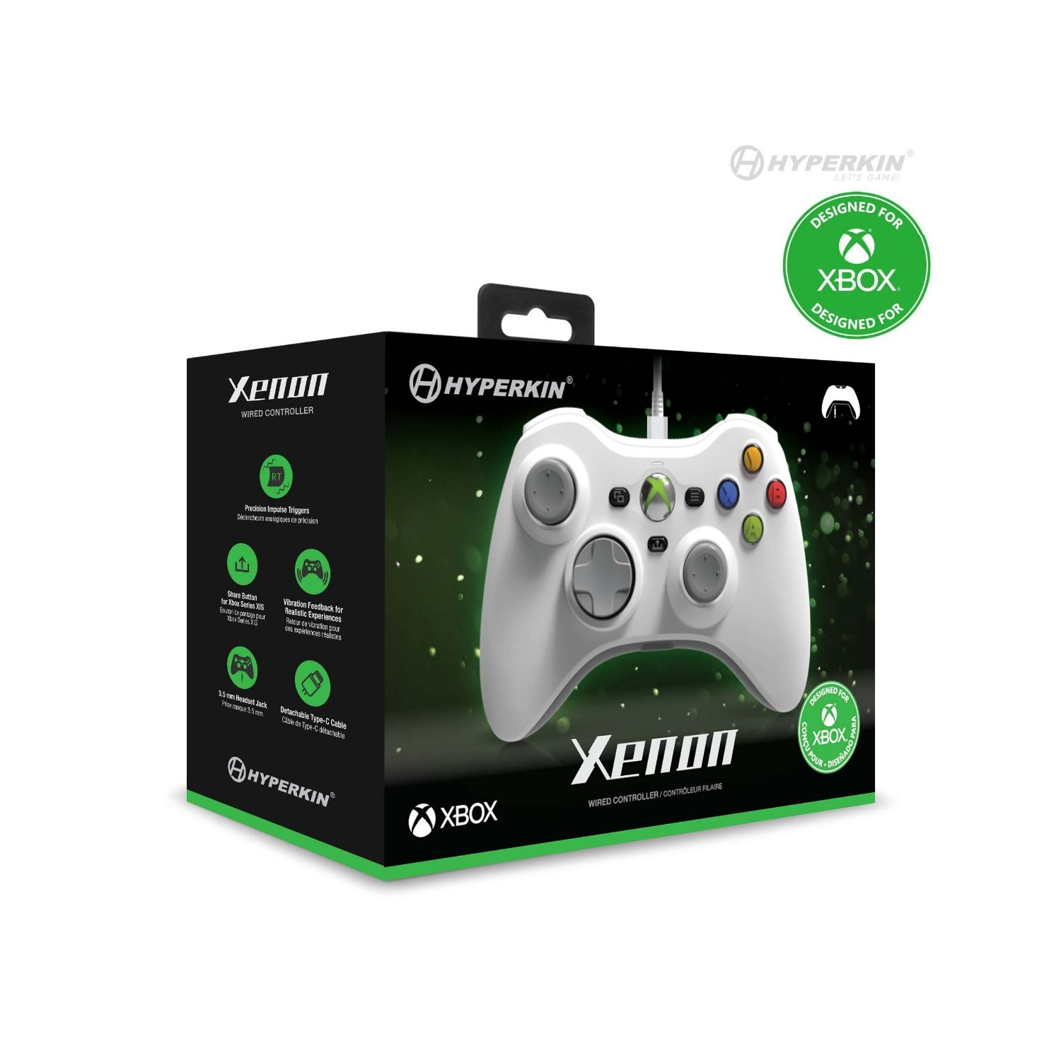 Czarne i zielone pudełko kontrolera Xenon Xbox. Obraz kontrolera z przodu. Zielono-biały design. Białe tło.