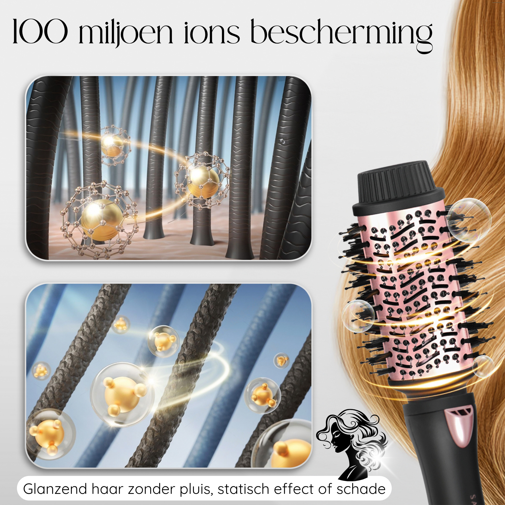 Image showing hair strands and a styling tool with a woman's hair. It has text about protection.