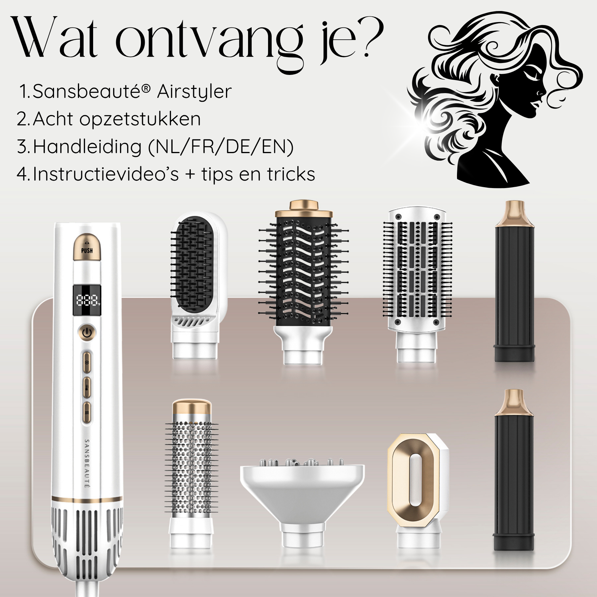 Ein weißes und goldenes Haarstyling-Tool mit verschiedenen Aufsätzen und einer Frauensilhouette.