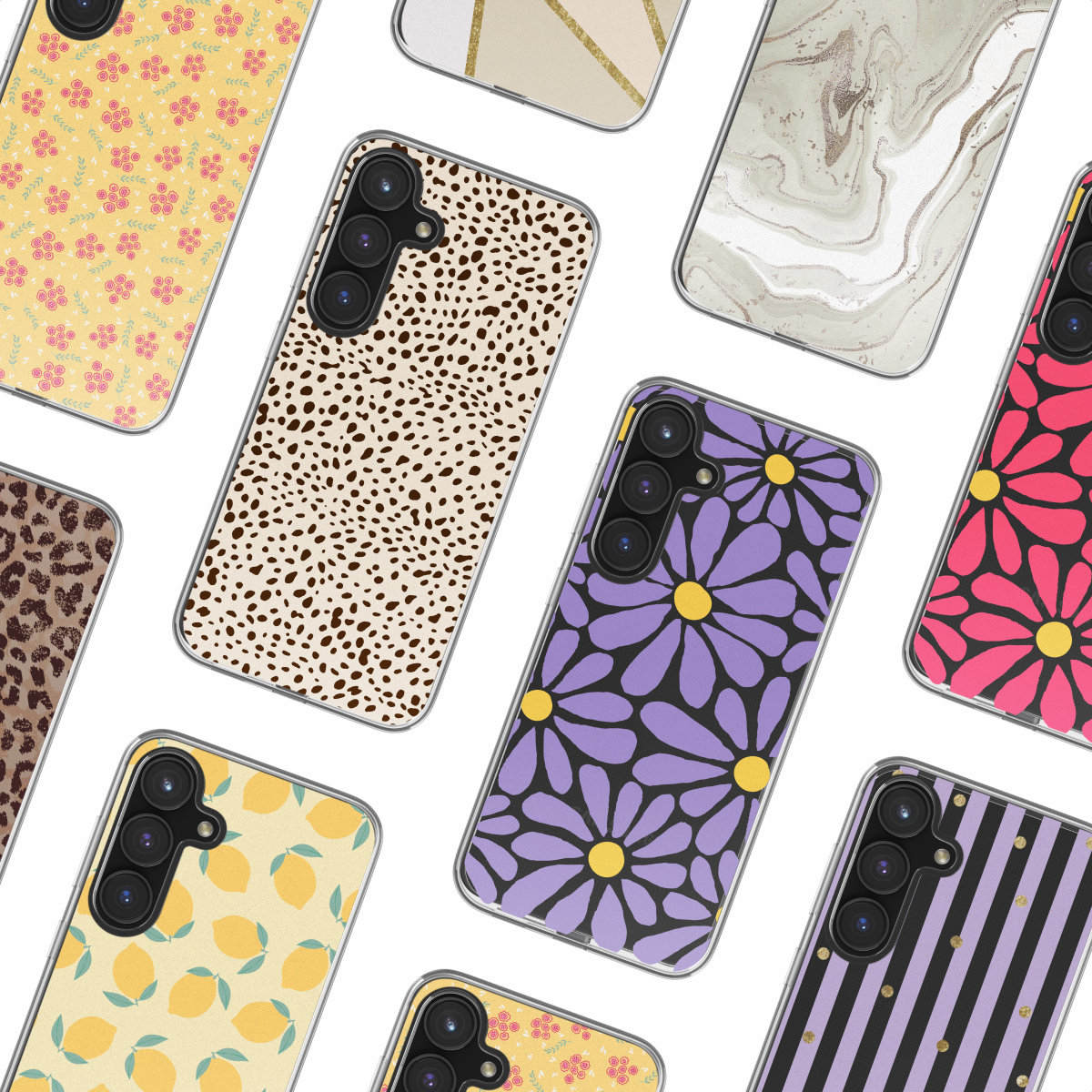 Een verzameling telefoonhoesjes met verschillende patronen, waaronder bloemen, dierenprints en lijnen.