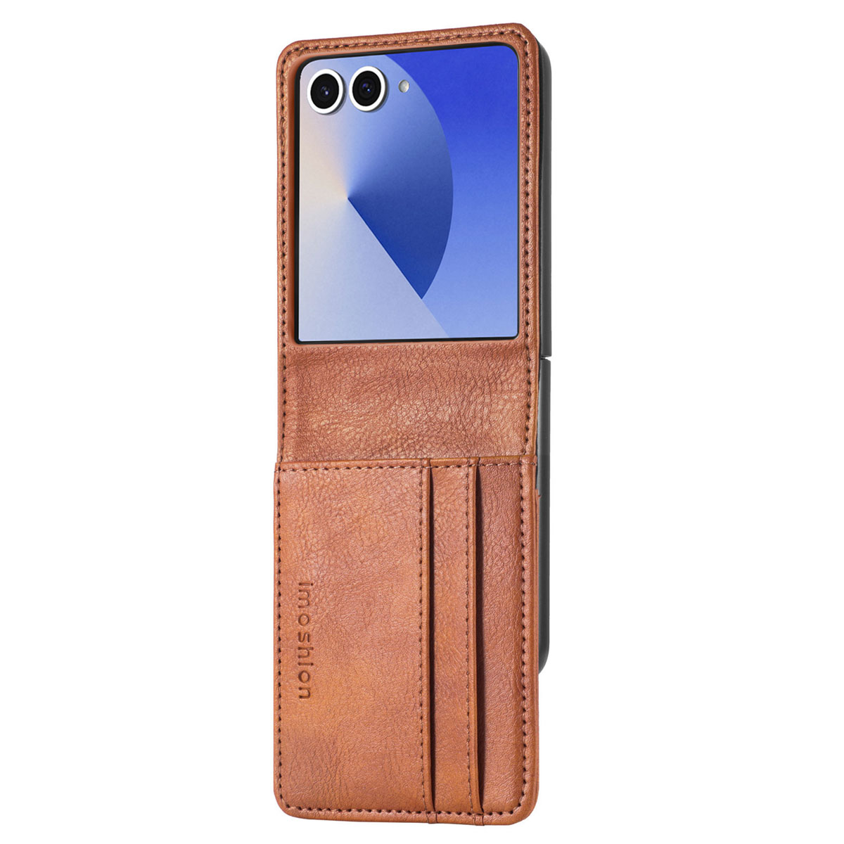 Bruine leren telefoonhoes met telefoon erin, met een blauw en wit scherm.