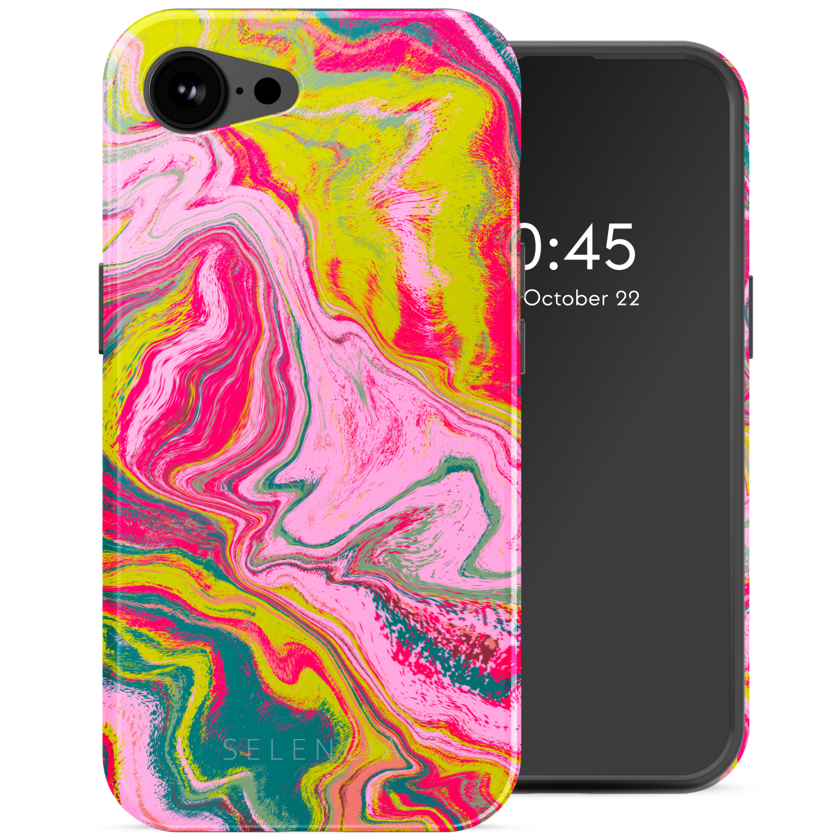 Un téléphone avec une coque colorée et un écran noir. La coque affiche un motif coloré.