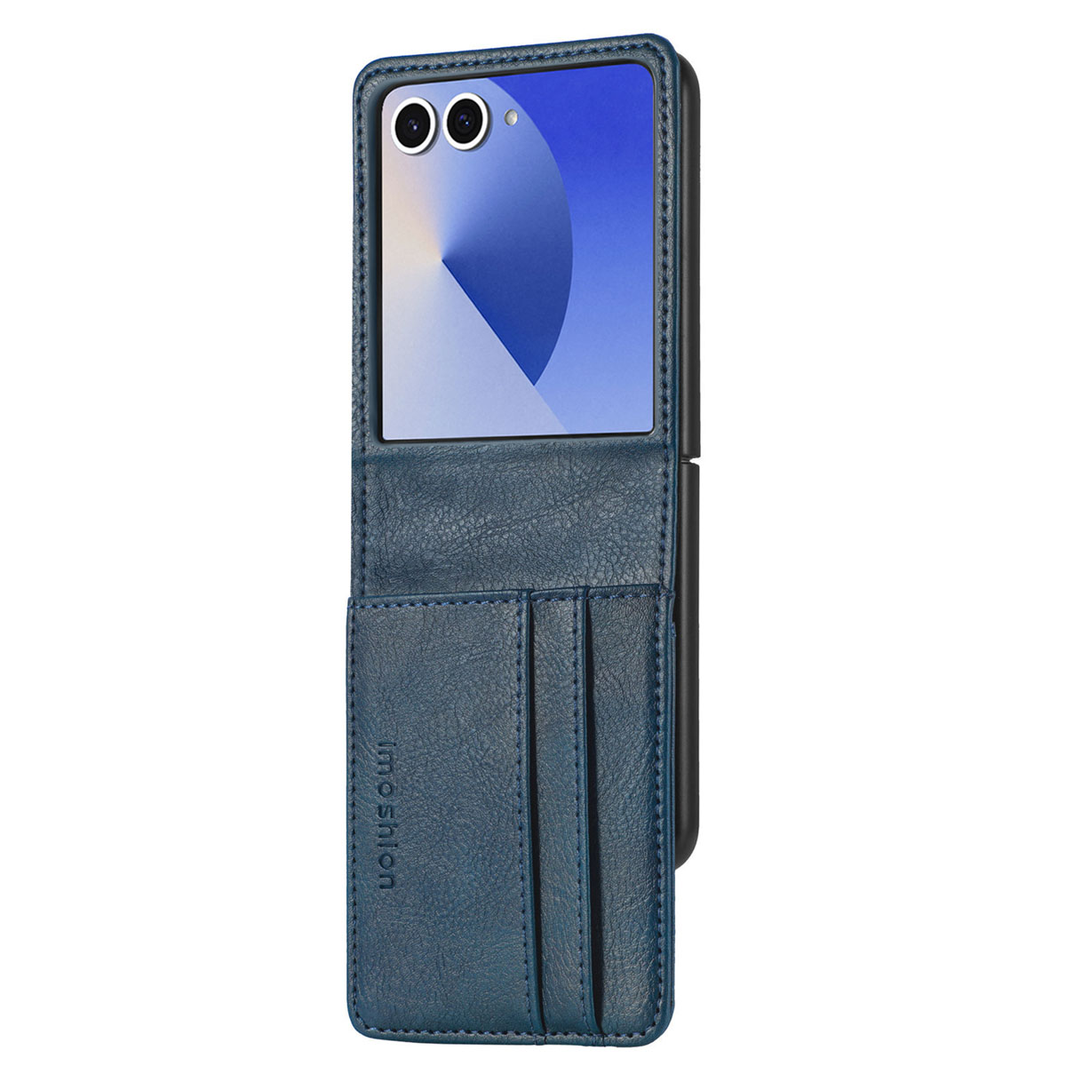 Blauwe leren telefoonhoes met telefoon erin. De telefoon toont een blauw scherm. Tekst in het Nederlands.