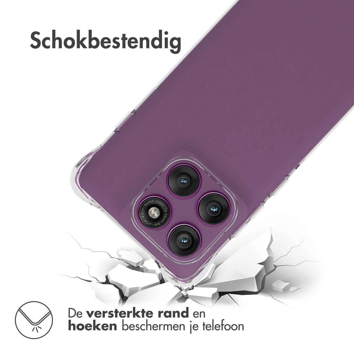 Custodia viola con dettagli della fotocamera, su sfondo bianco con crepe. Testo: Antigraffio, i bordi rinforzati proteggono.