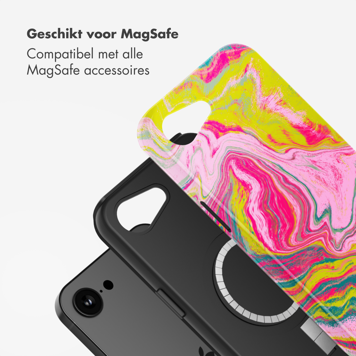 Coques de téléphone avec un design coloré, une sur un téléphone et l'autre visible. Texte: Convient pour MagSafe, compatible avec les accessoires.