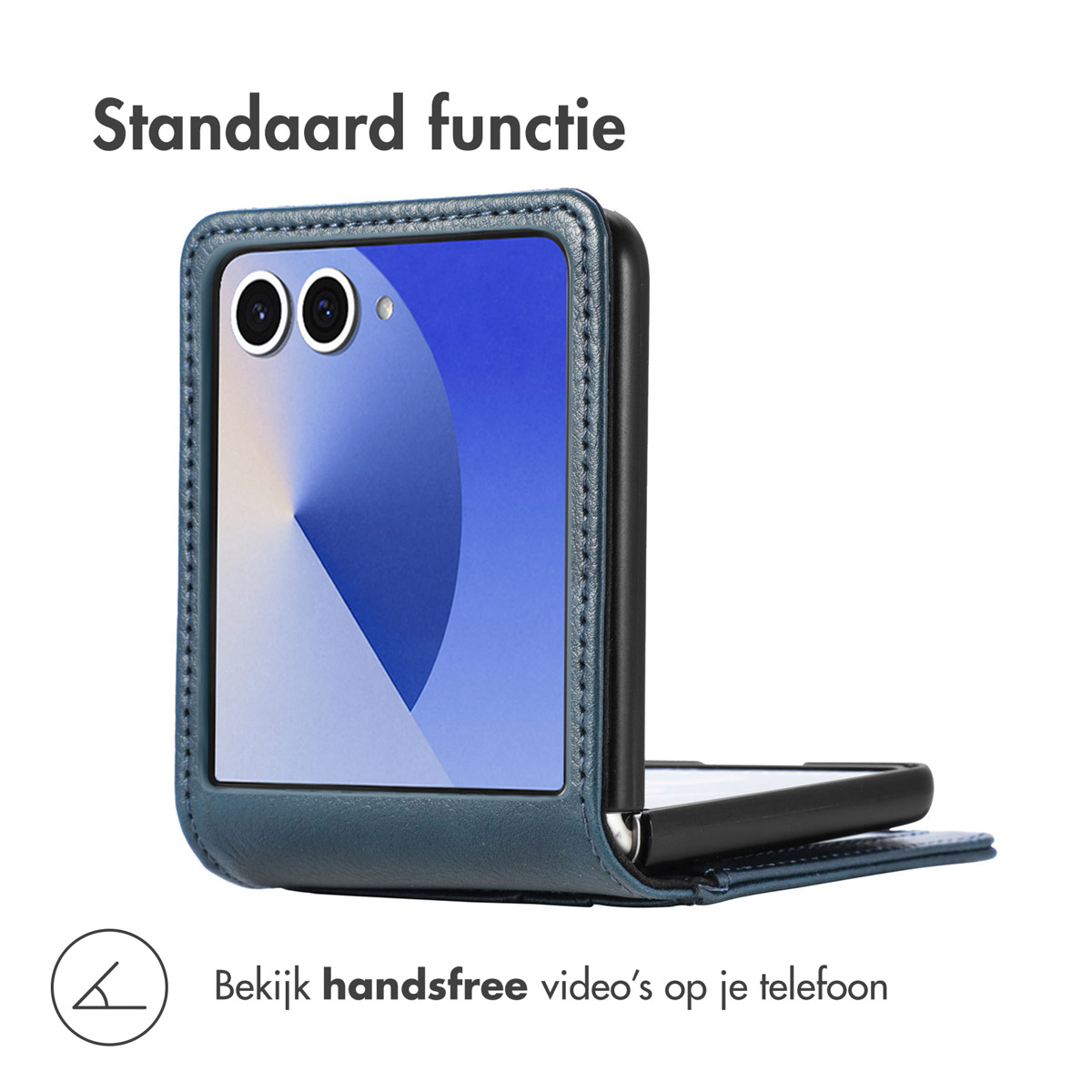 Een teal leren telefoonhoes met een telefoon die een blauw-wit scherm laat zien. Tekst in het Nederlands.