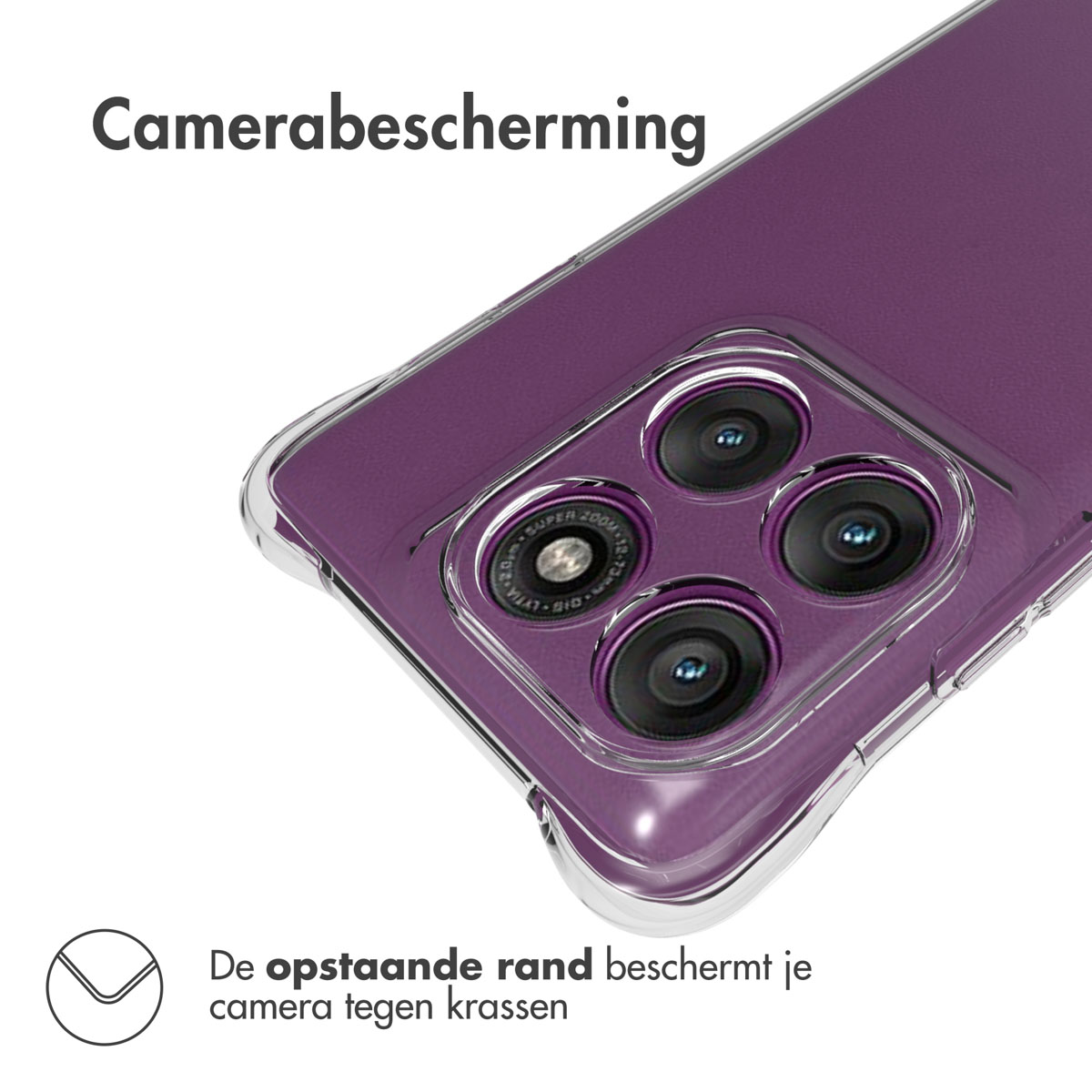 Custodia viola con dettagli della fotocamera, su sfondo bianco. Testo: Protezione fotocamera, il bordo rialzato protegge.
