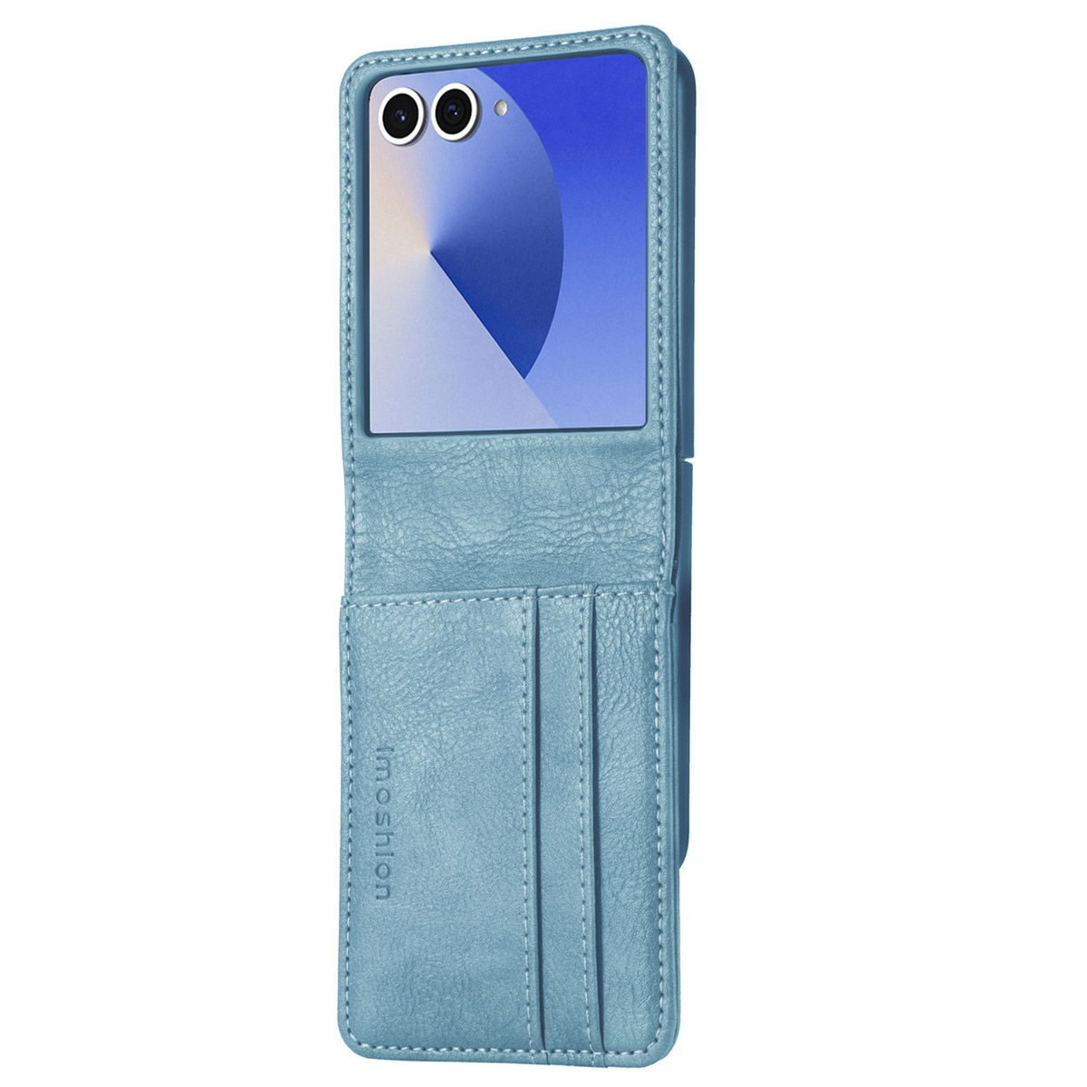 Blauwe telefoonhoes met telefoon erin, gedeeltelijk open. Tekst: Bekijk handsfree video's op je telefoon. Telefoon is zichtbaar.