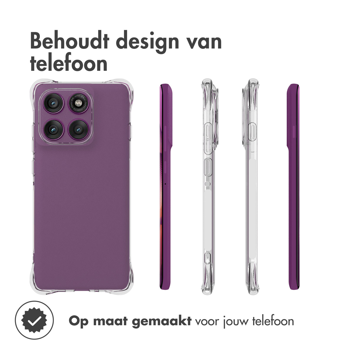 Un telefono e delle custodie sono mostrati. Le custodie sono trasparenti e viola, con una custodia trasparente sul telefono.