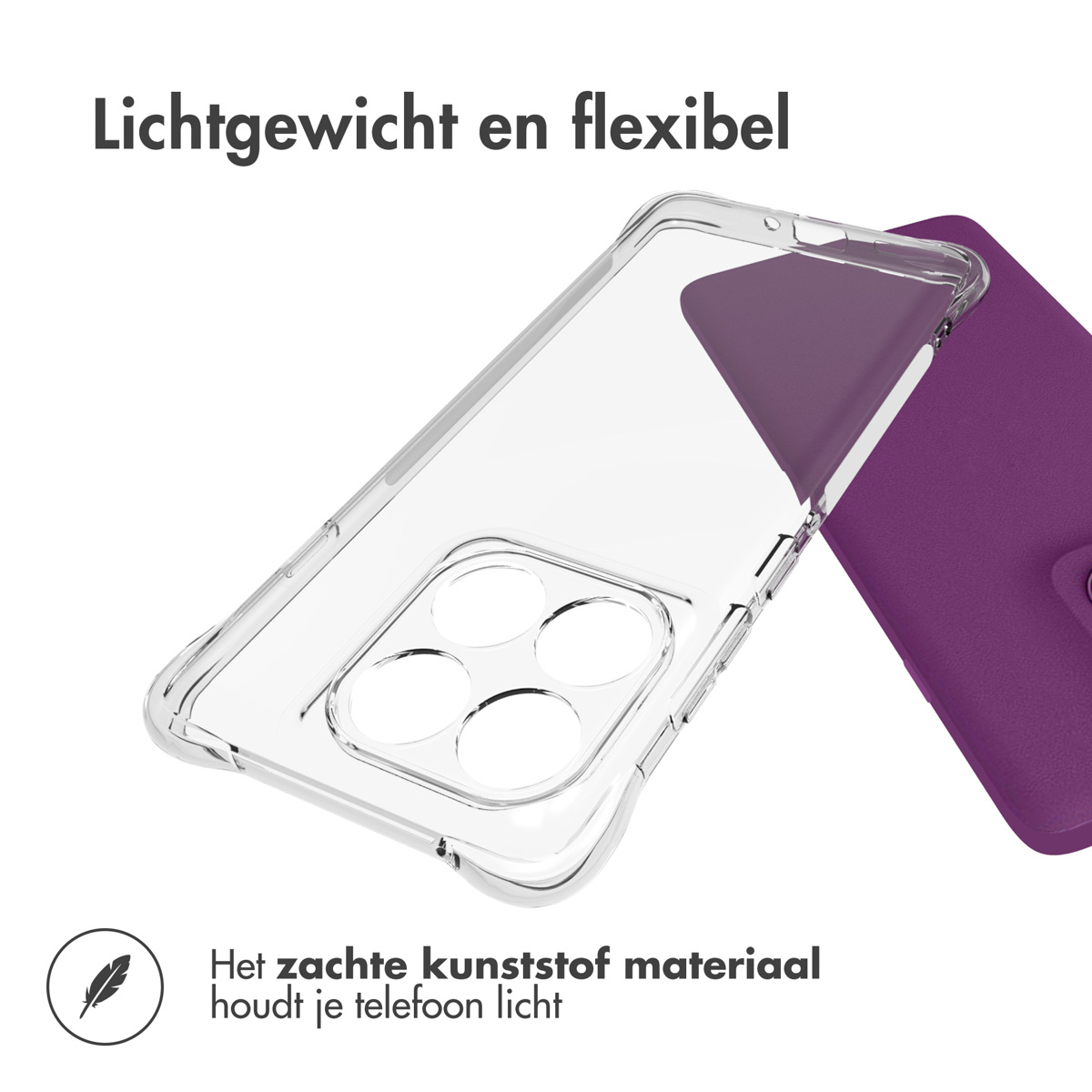 Custodia trasparente con telefono viola, parzialmente visibile. Testo: Leggero e flessibile, la plastica morbida mantiene il telefono.