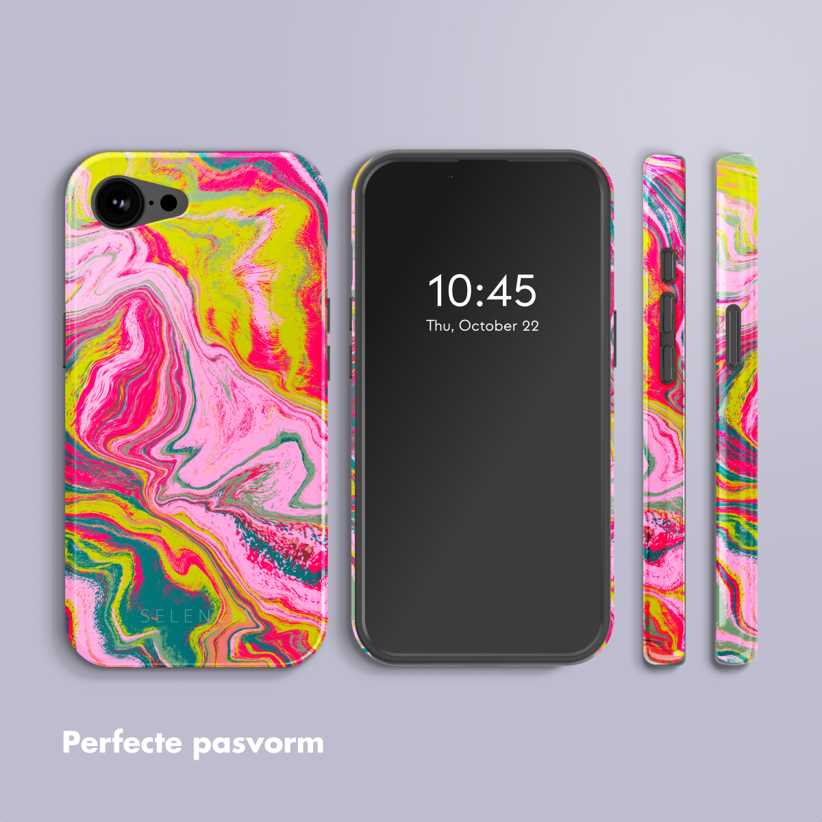 Téléphone avec coque colorée et deux côtés de coque. La coque affiche un motif coloré. Heure sur l'écran du téléphone.