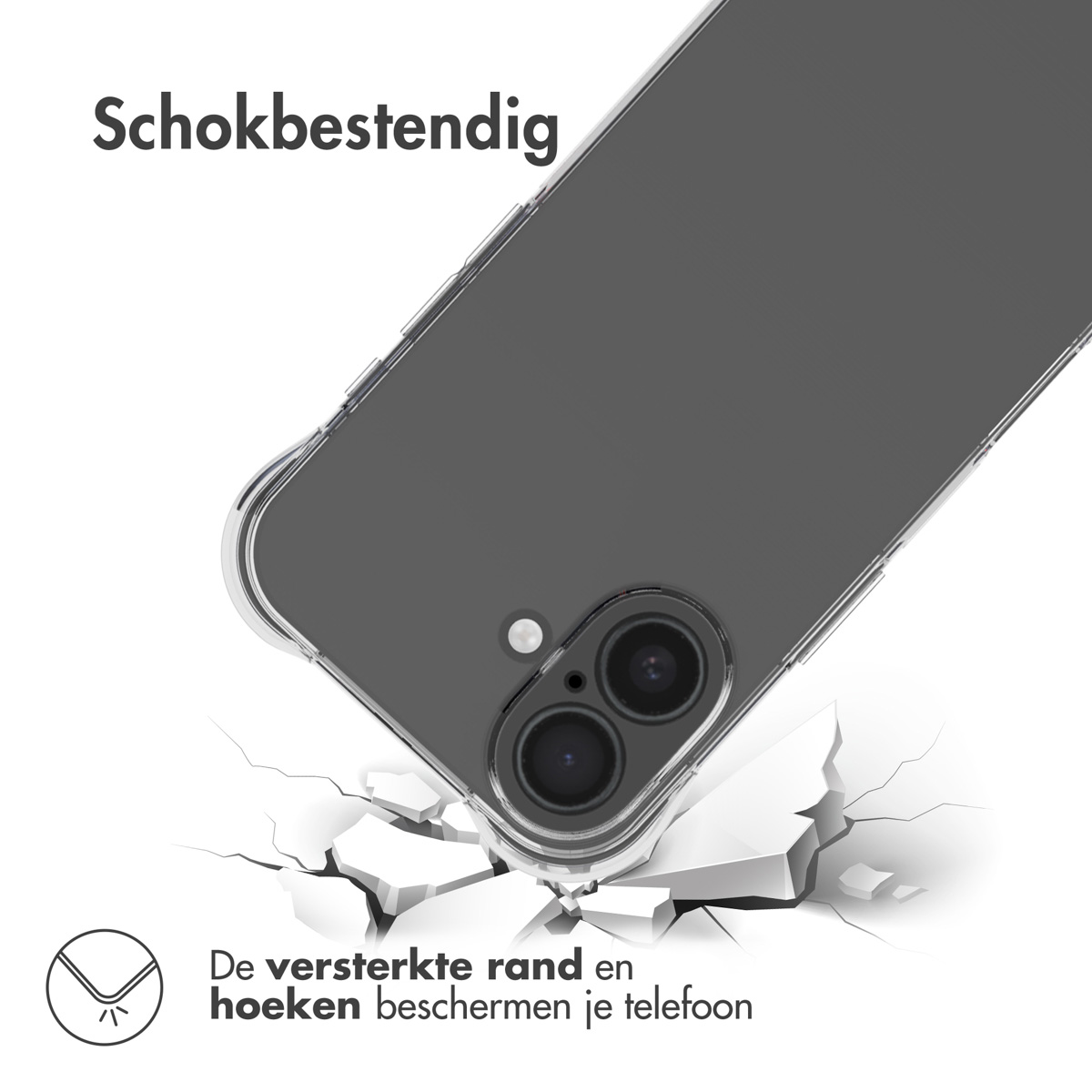 Coque de téléphone sombre avec détails de caméra, sur fond blanc avec fissures. Texte: Antichoc, les bords renforcés protègent.