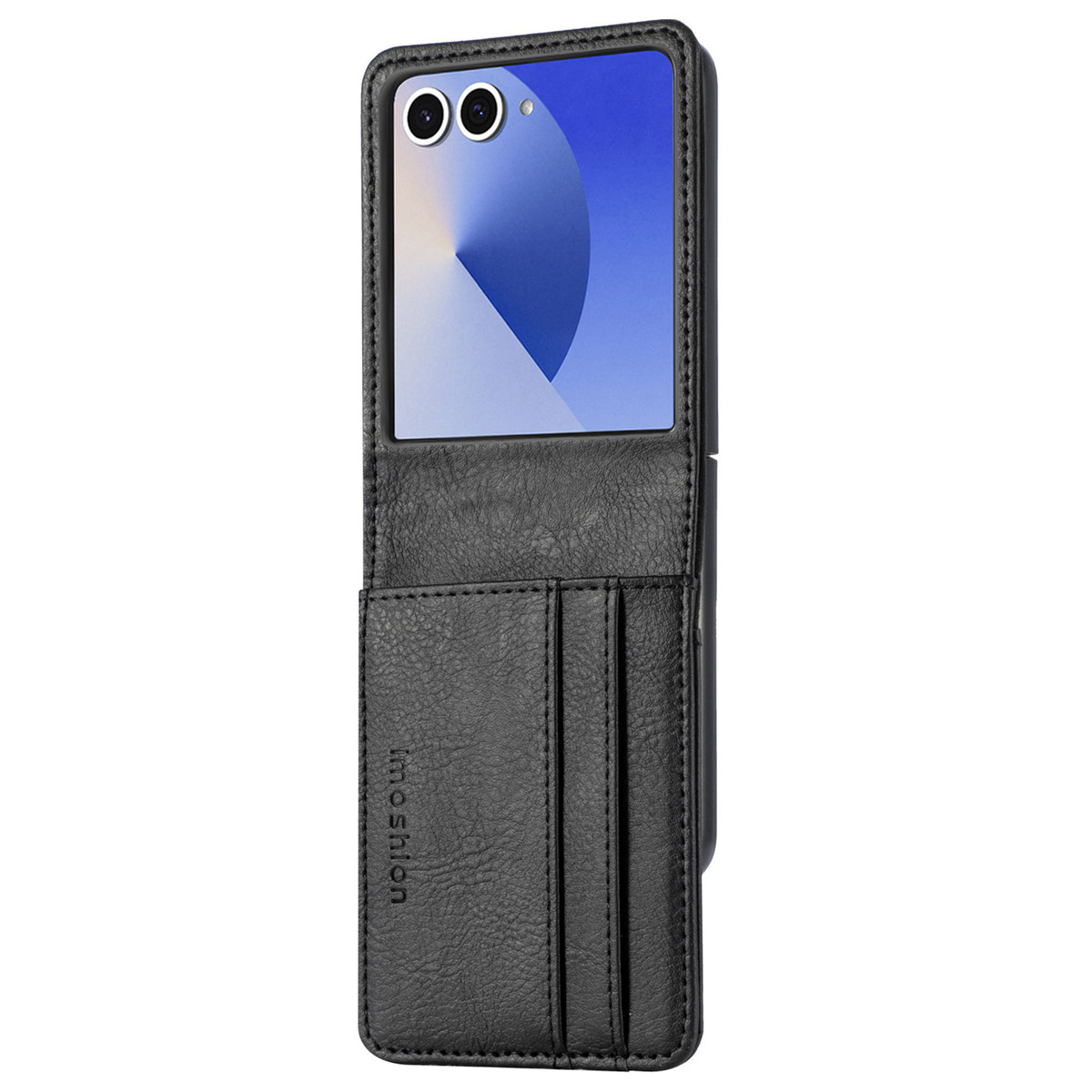 Étui de téléphone noir avec fentes pour cartes et écran bleu montrant des cercles sur un téléphone noir.