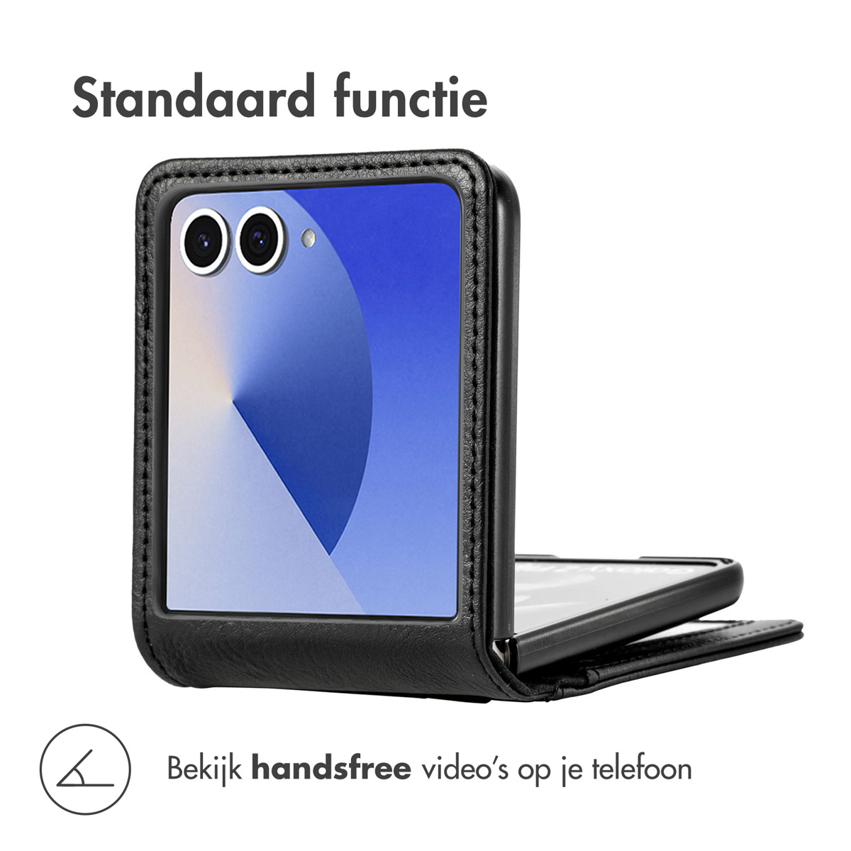 Étui noir avec téléphone à l'intérieur, ouvert. Texte: Regardez des vidéos mains libres sur votre téléphone. Téléphone partiellement visible.