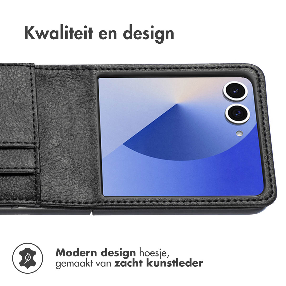 Étui noir avec téléphone partiellement visible. Texte: Design moderne, en cuir artificiel souple. Montrant les détails.