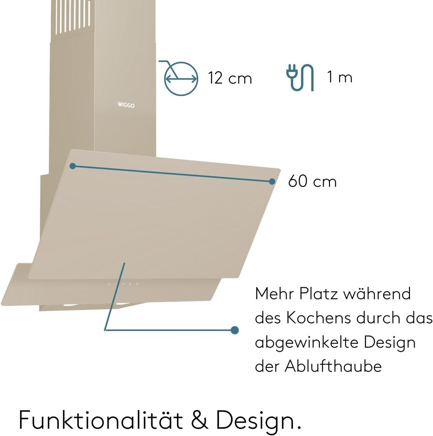 Hotte de cuisine beige avec dimensions, design angulaire et texte : Plus d'espace en cuisinant. Les fonctionnalités sont mises en avant.