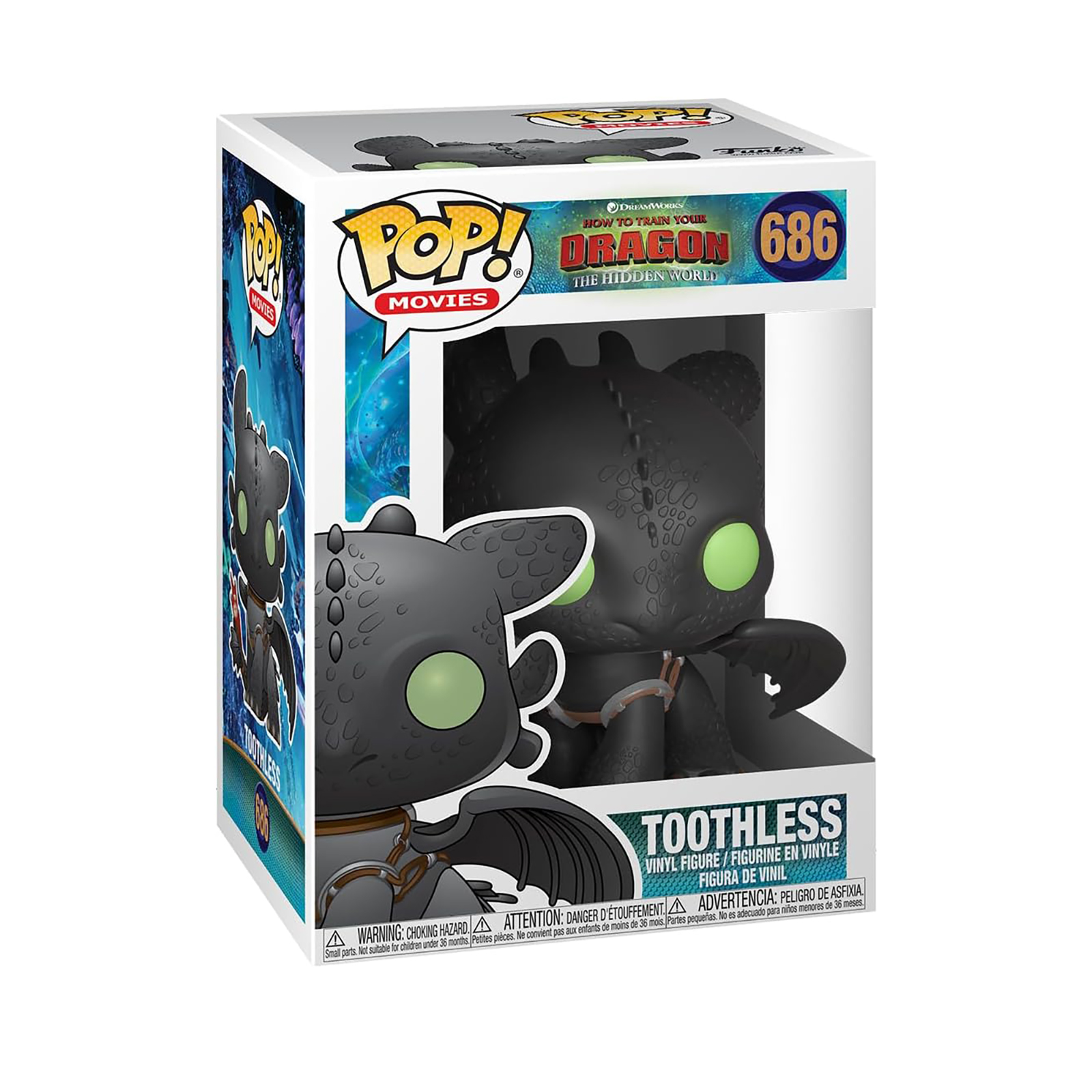 Figurka Czkawki Funko Pop w pudełku. Czarny smok ma zielone oczy i jest oznaczony jako "Czkawka".