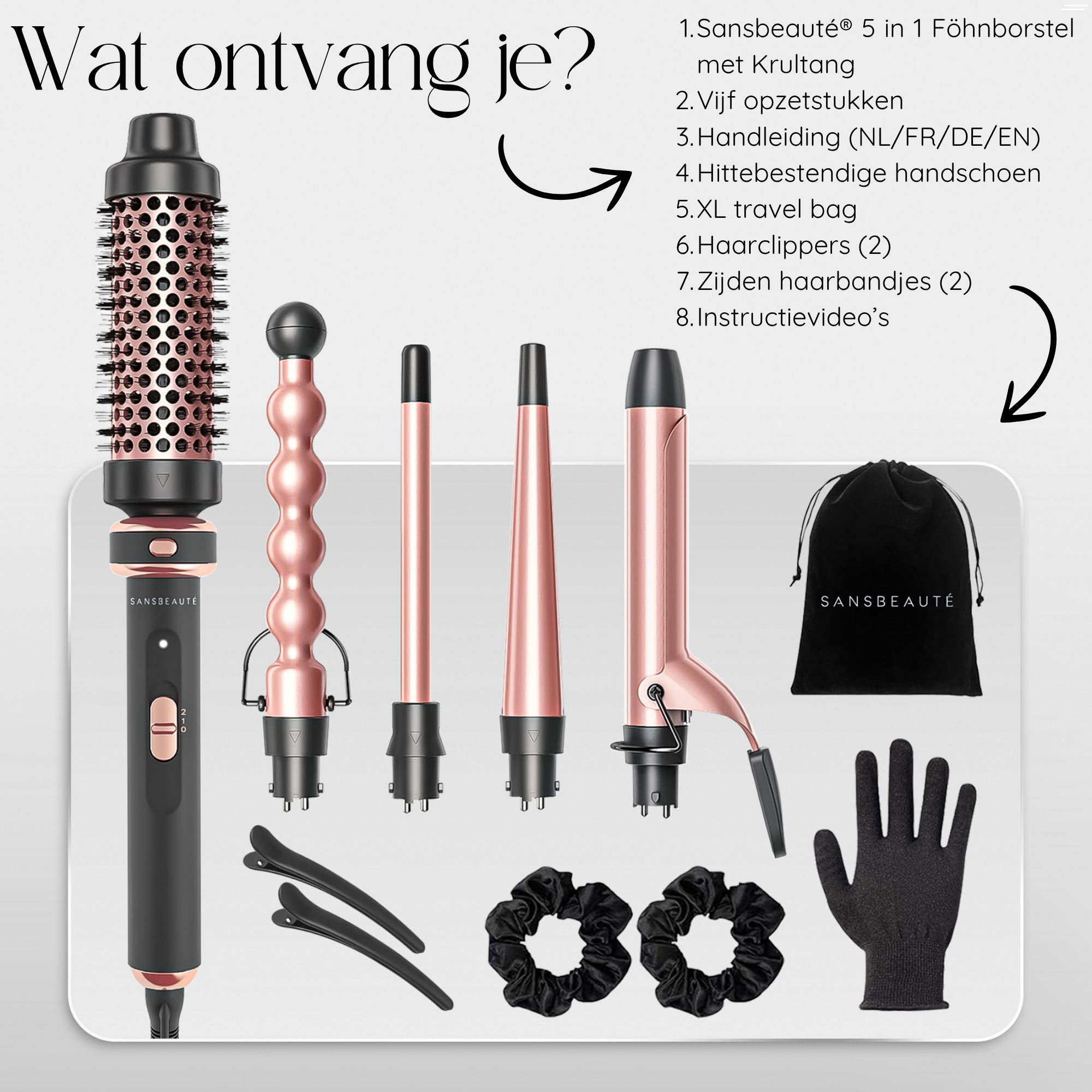 Een reeks haarstylingtools, waaronder een borstel, krultangen, clips, scrunchies en handschoenen.