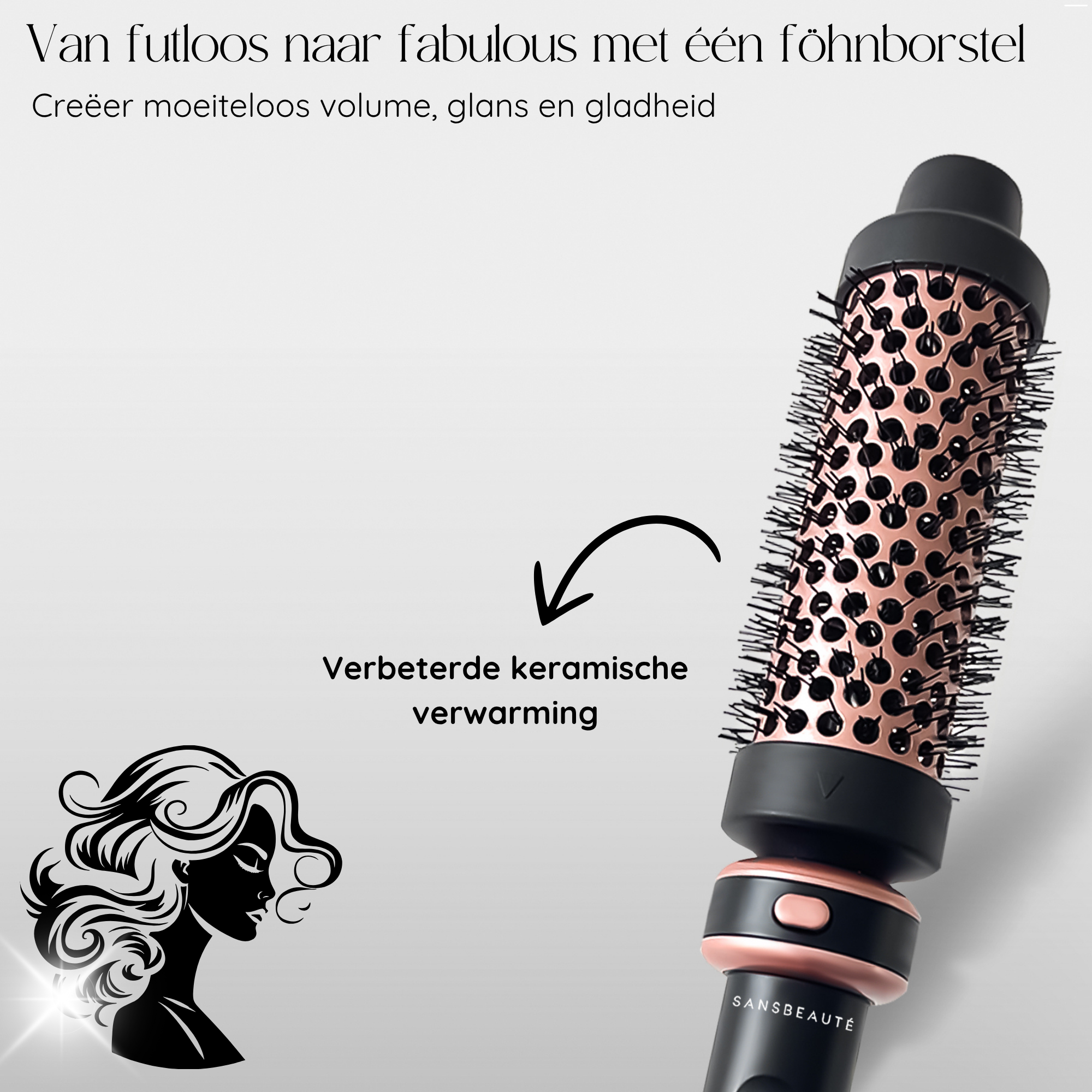 Une brosse à coiffer avec une poignée noire et des accents or rose, avec un graphisme de femme.