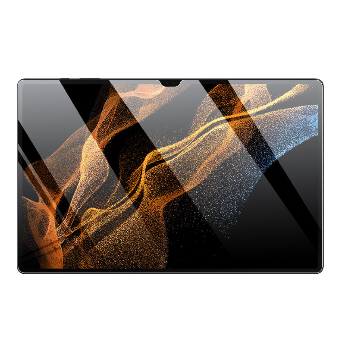 Een tablet met een zwart scherm. Er zijn gloeiende, oranje en gouden wervelingen op het scherm.