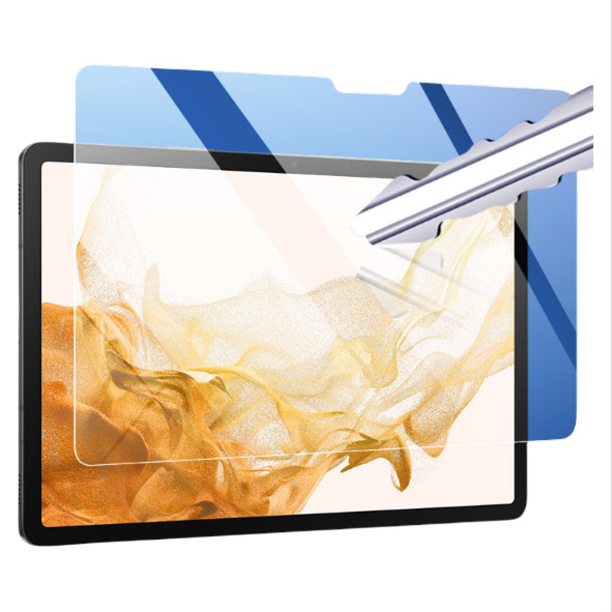 Tablet met aangebrachte schermbeschermer; heldere schermbeschermer en een stylus.
