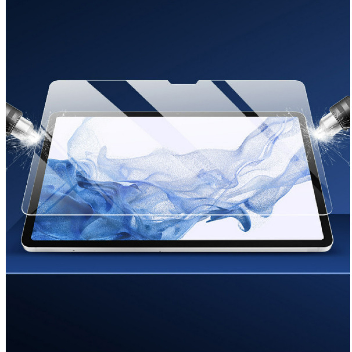 Tablet met een schermbeschermer. Twee vonken bevinden zich links en rechts van de beschermer. De achtergrond is blauw.