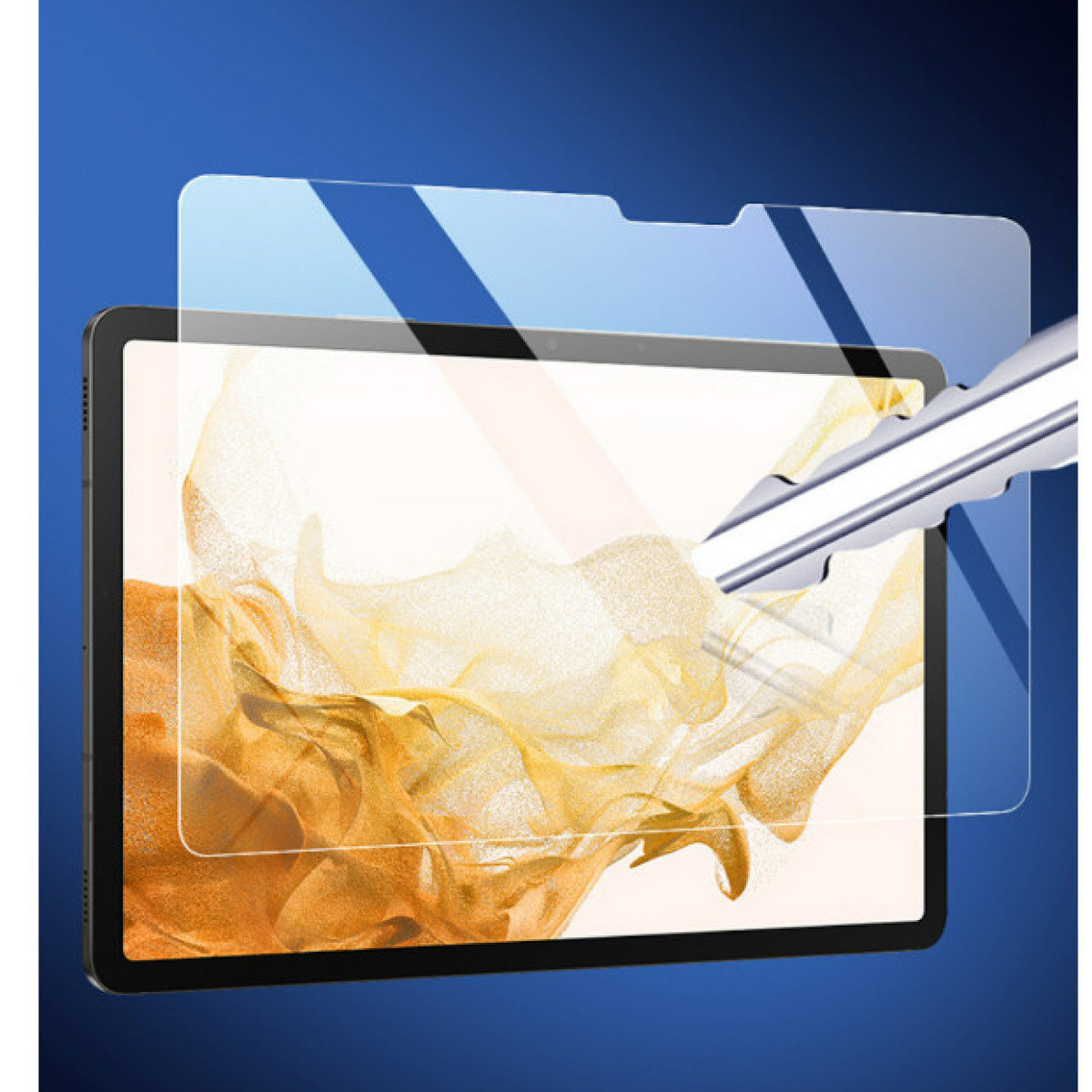 Tablet met schermbeschermer. Een pen raakt de schermbeschermer aan. De achtergrond is een mix van blauw en wit.