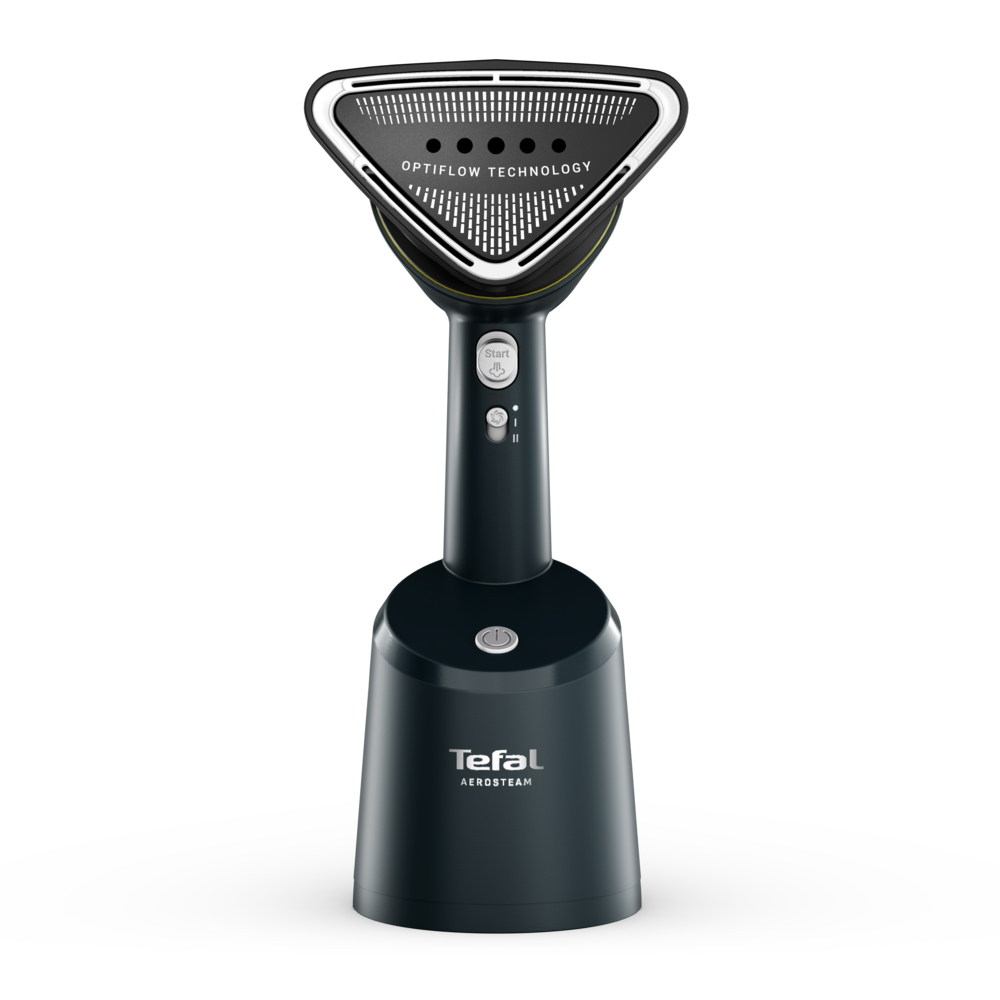 Un Tefal Aerosteam nero. La testa è triangolare, nera e bianca. Ha un pulsante Start. È su una superficie bianca.