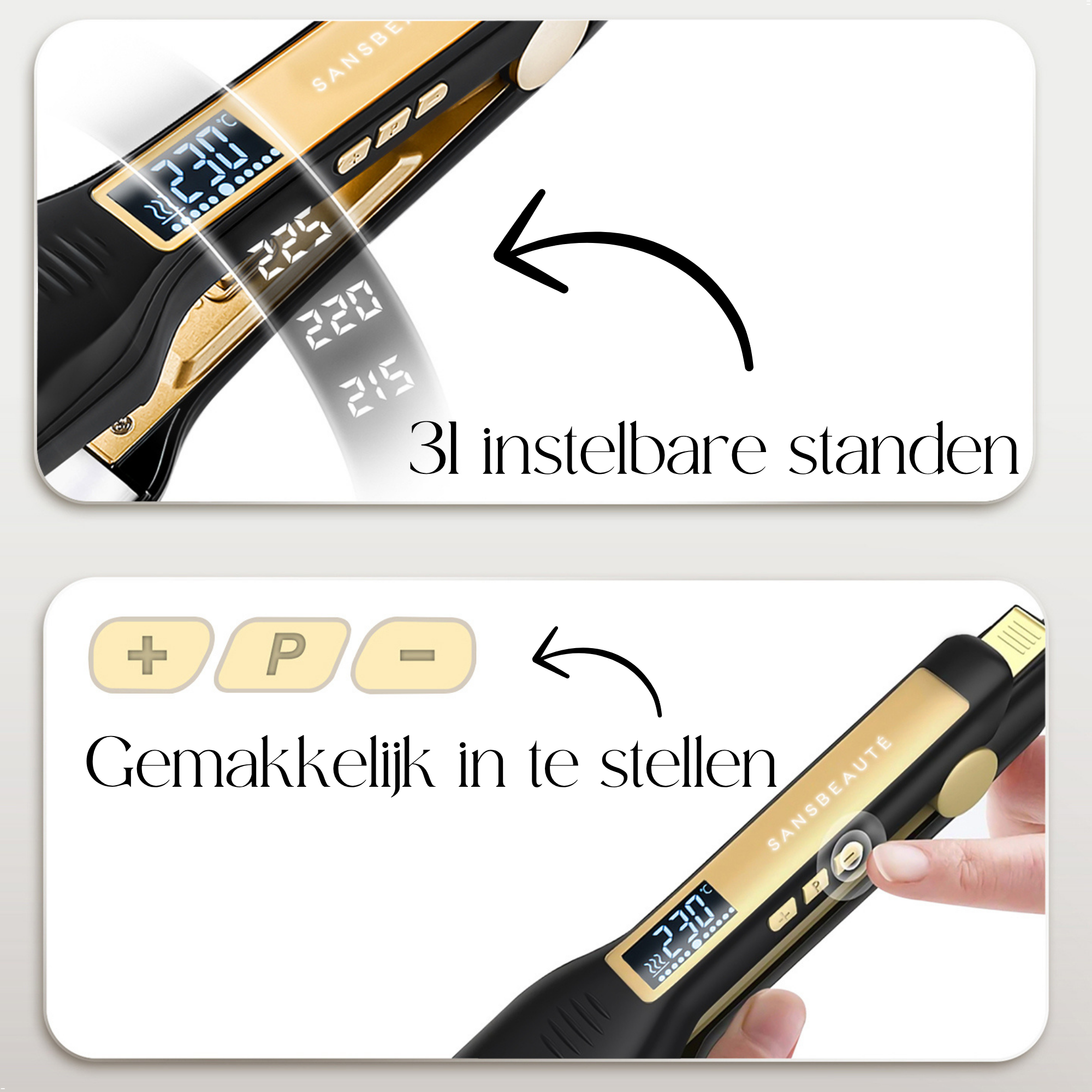 Deux images montrant un lisseur avec réglages de température et facilité d'utilisation.