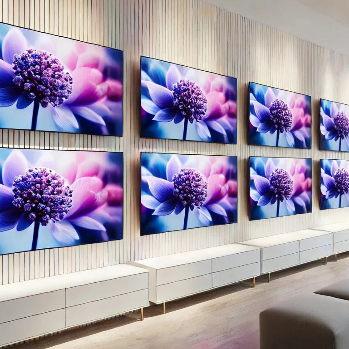 Multiple TVs displaying flower images on a wall. White cabinets beneath.