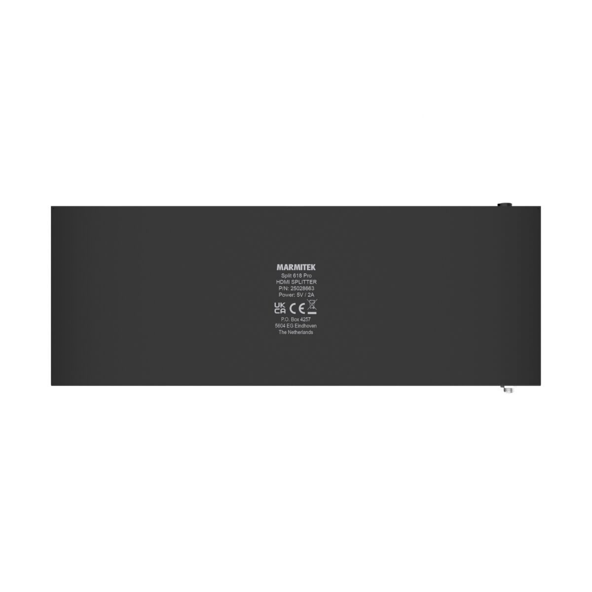 A black electronic device with the label 'MARMITEK', model info, and safety certifications, with a white background.
