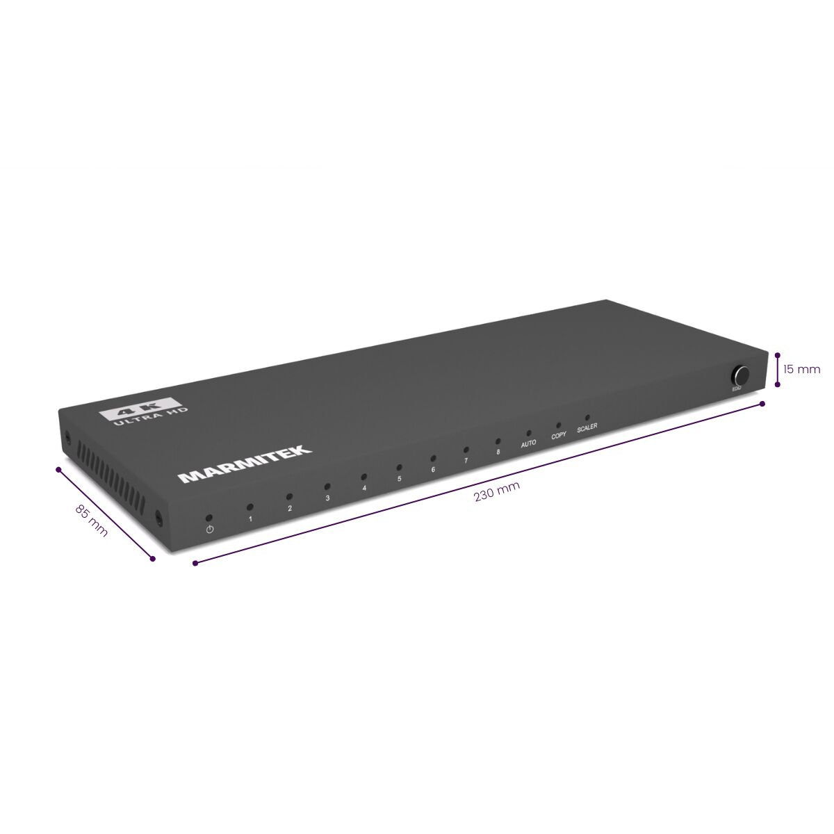 Black HDMI splitter with dimensions displayed. White background.