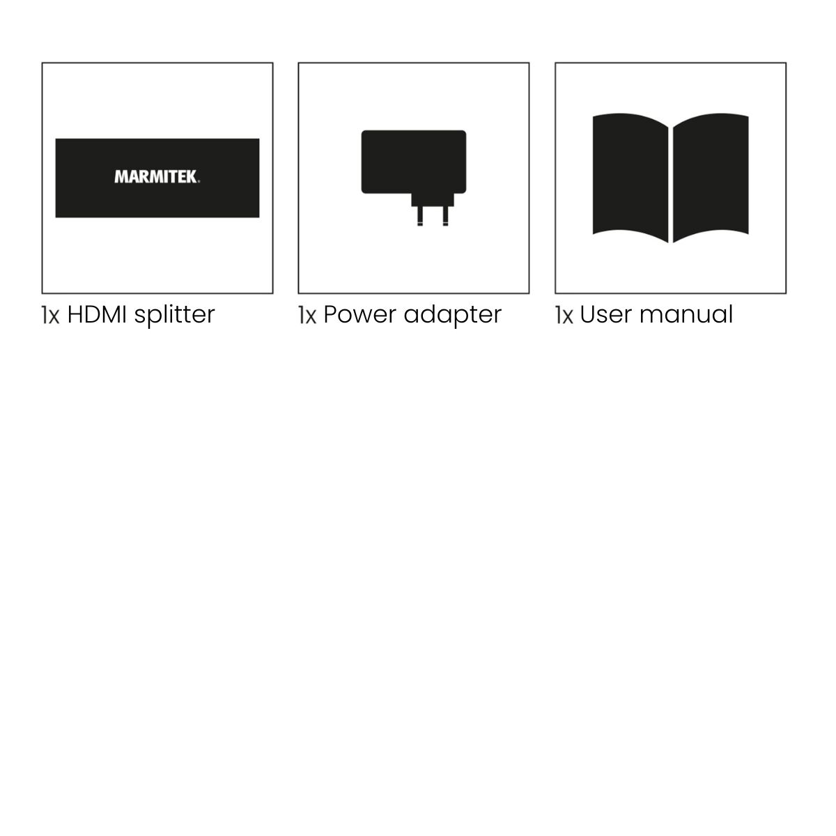 White background with images of HDMI splitter, power adapter, and user manual.