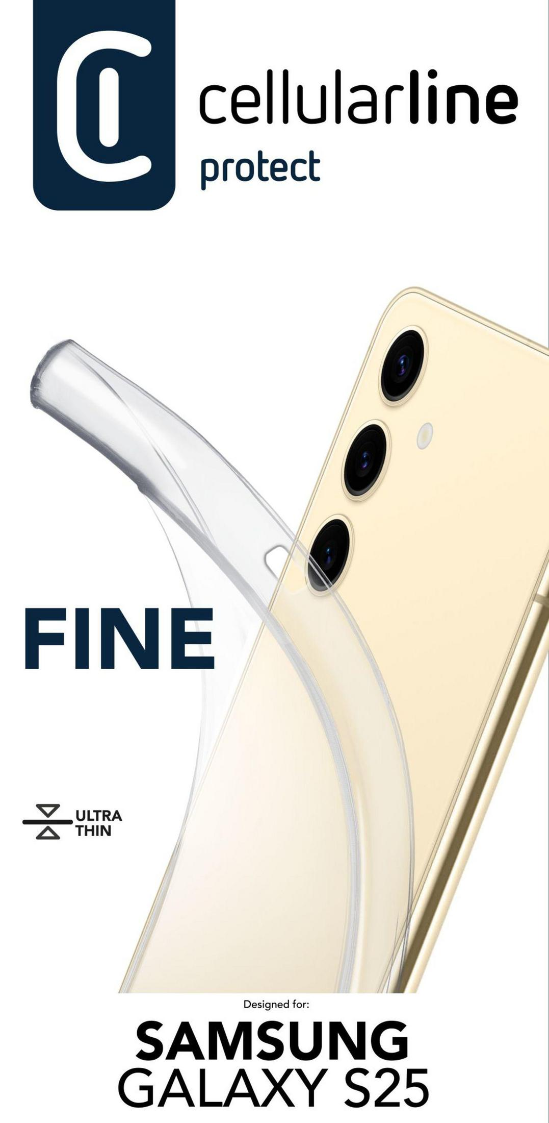 Teléfono con funda transparente. El texto dice 'FINE' y 'Samsung Galaxy S25'.