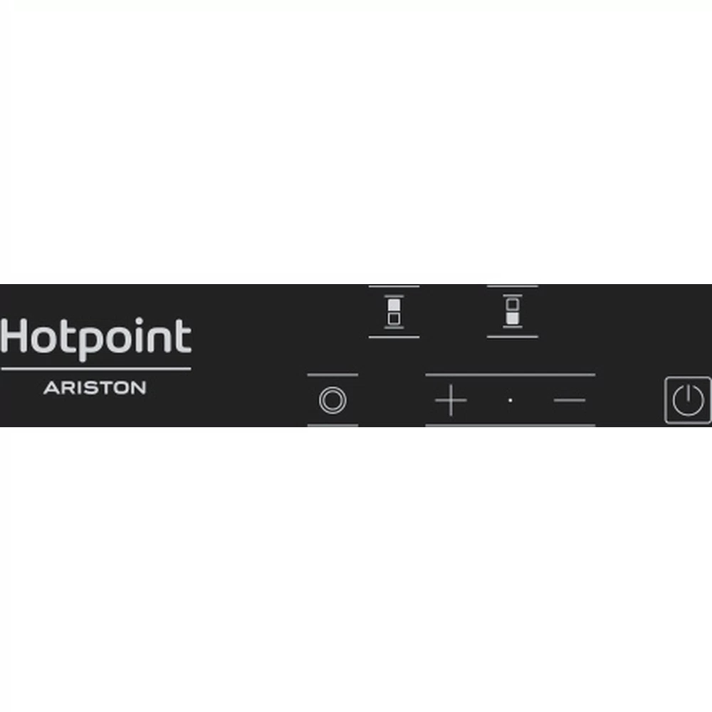 Hotpoint Ariston kookplaat bedieningspaneel. Zwart met touchscreen en aan/uit-knop. Witte achtergrond.