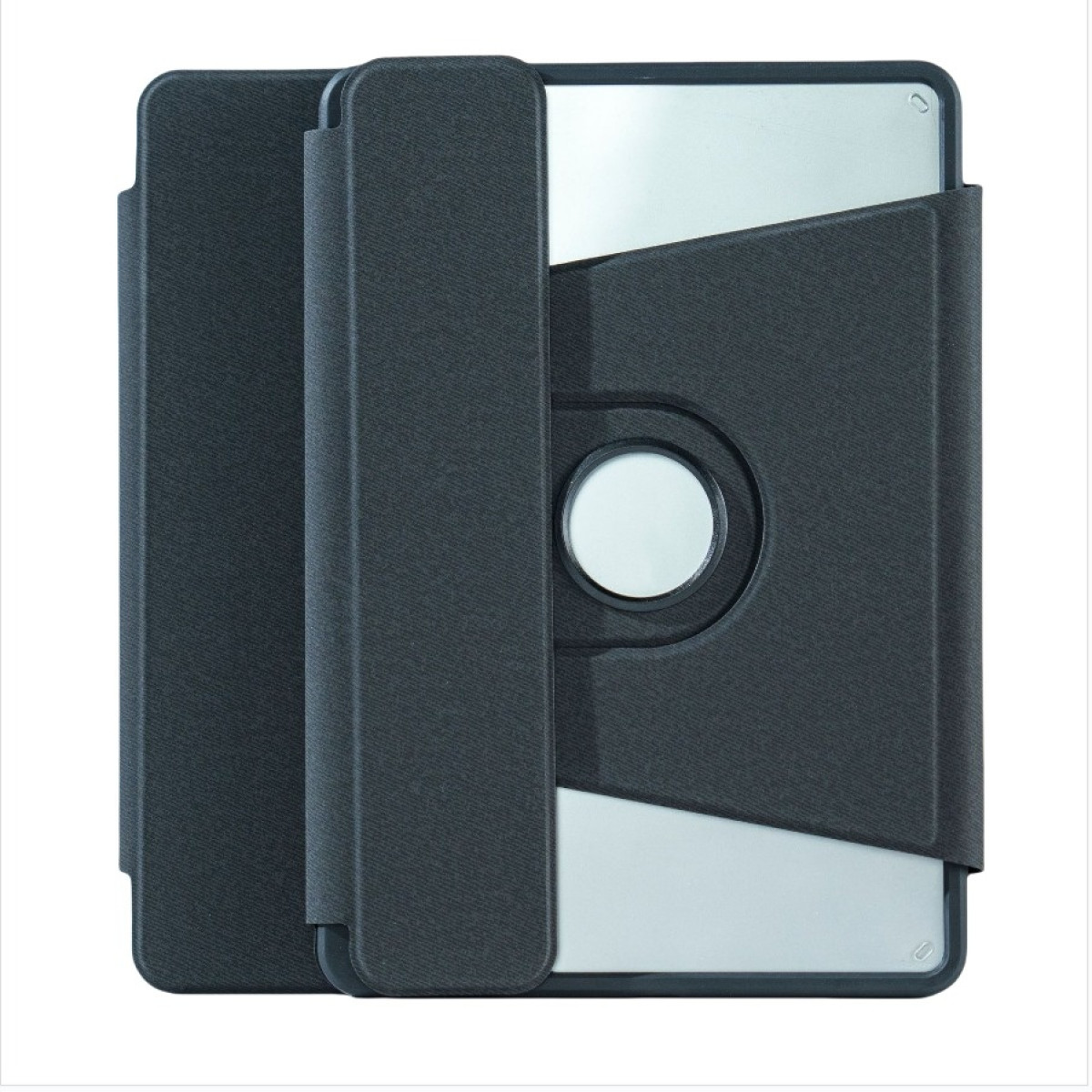 Custodia per tablet con design girevole, nera e argento. Una cover nera avvolge il tablet.