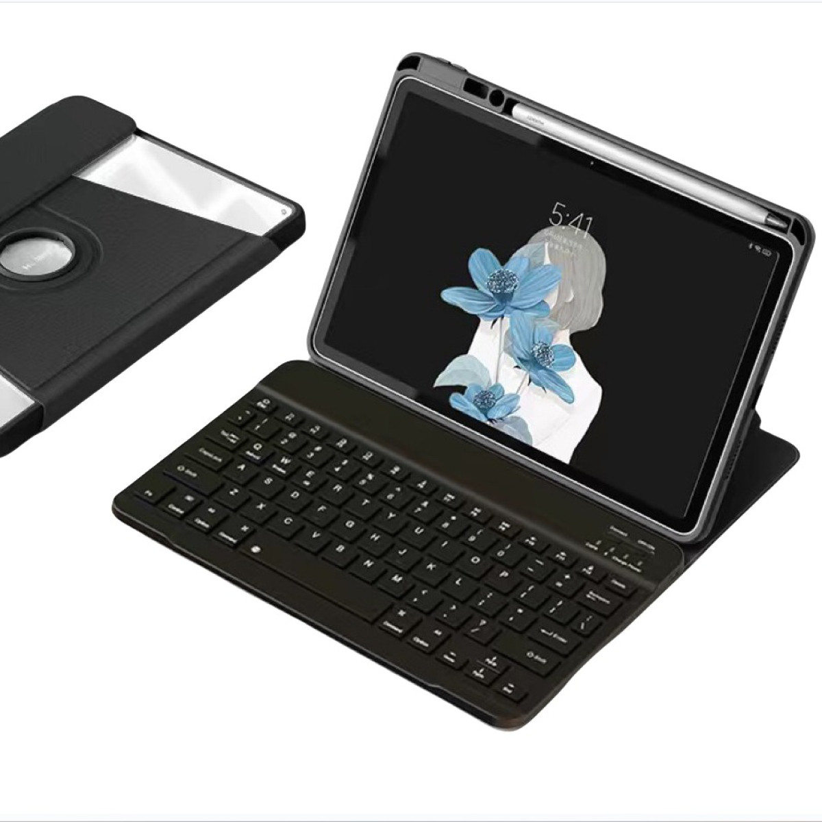 Tablet met toetsenbord en stylus. Het scherm toont een vrouw met blauwe bloemenkunst.