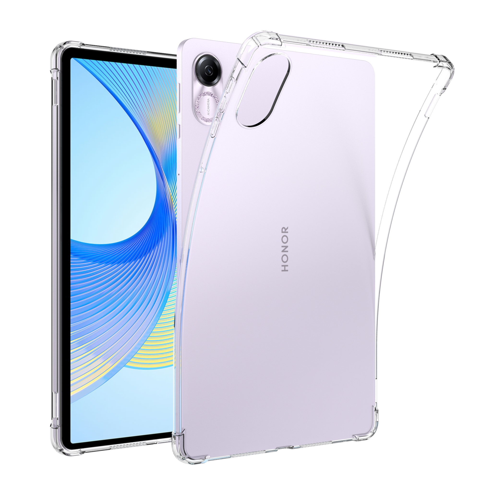 Una custodia trasparente per tablet con un tablet all'interno. Il tablet ha una fotocamera.