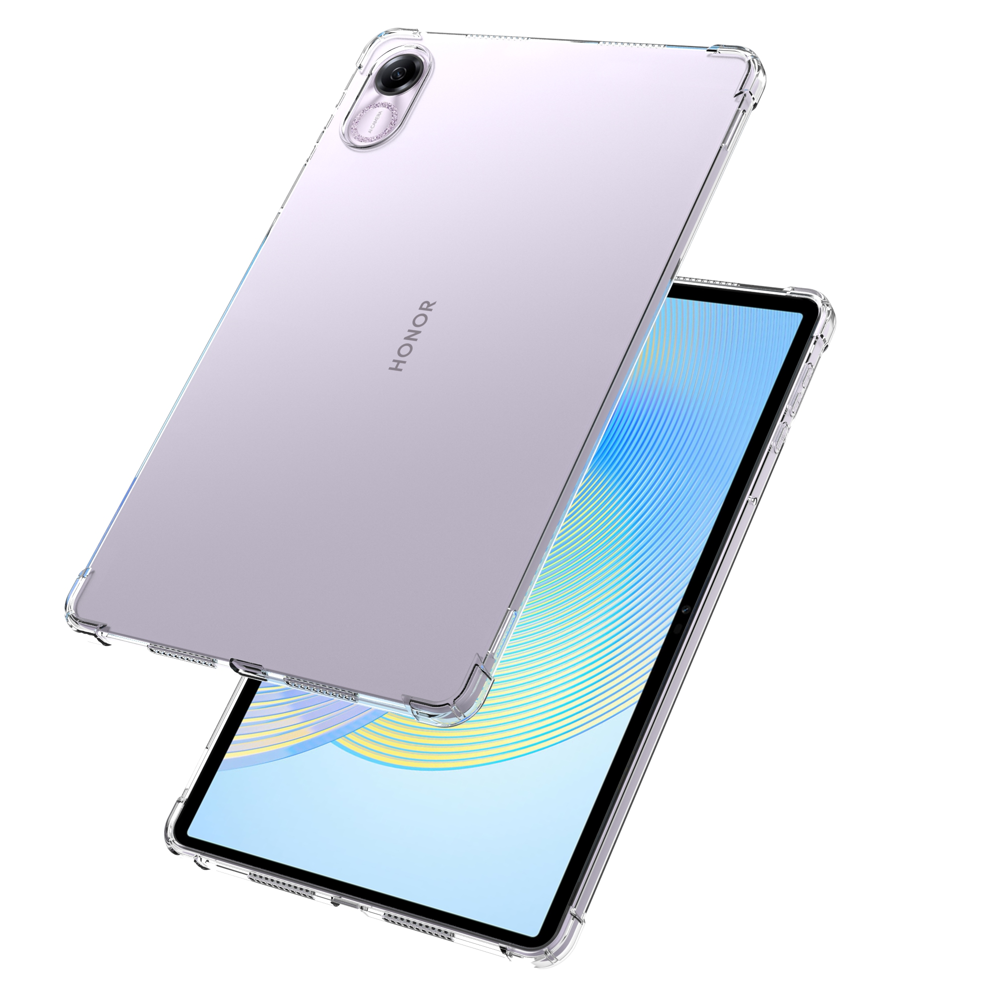 Due custodie trasparenti su un tablet viola chiaro. Una sopra il tablet, l'altra sotto. HONOR è stampato.
